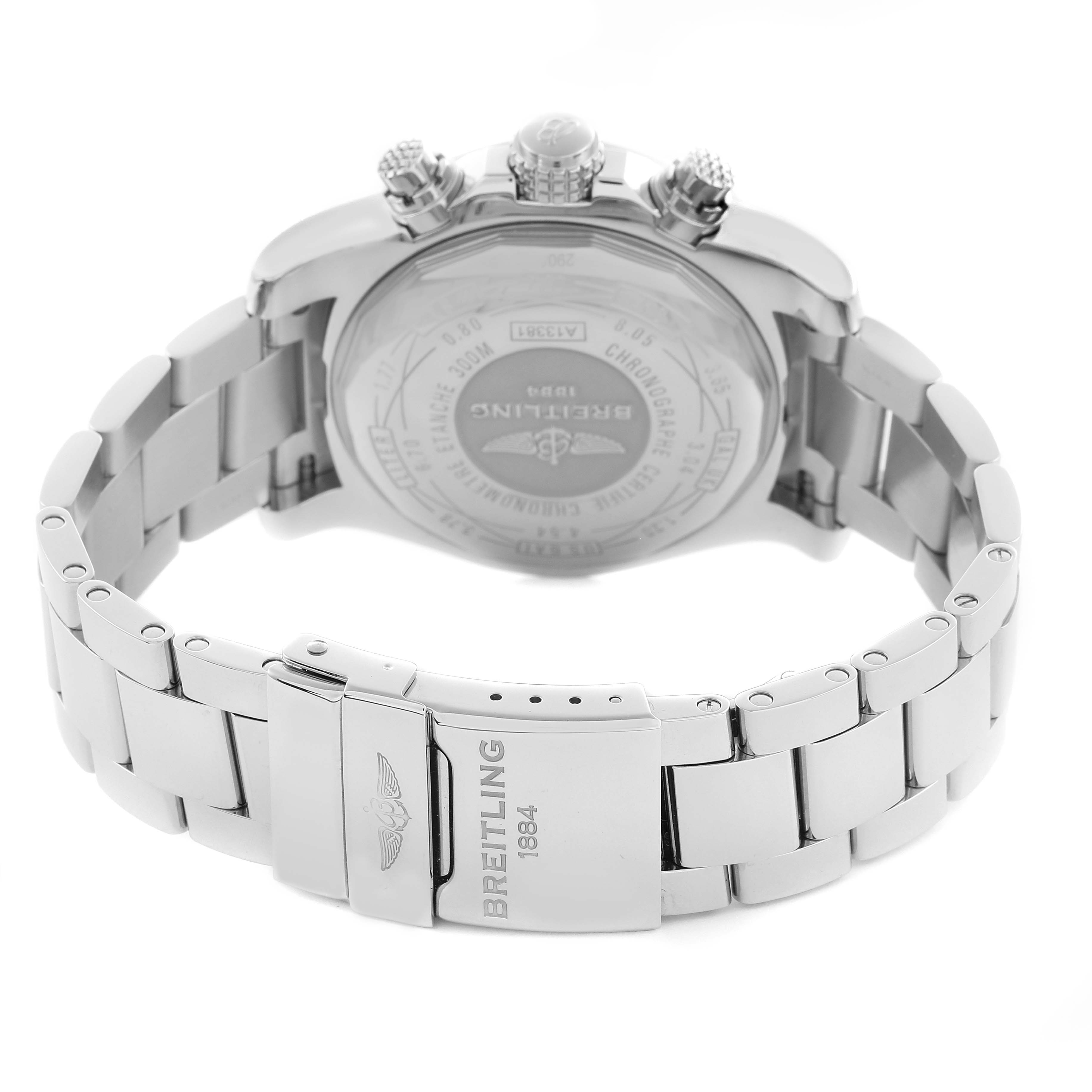 The image shows the back view of a Breitling Avenger A13381 Men
s Stainless Steel Black Dial A13381 Men
s Stainless Steel Black Dial watch, highlighting the case back, bracelet, and clasp.