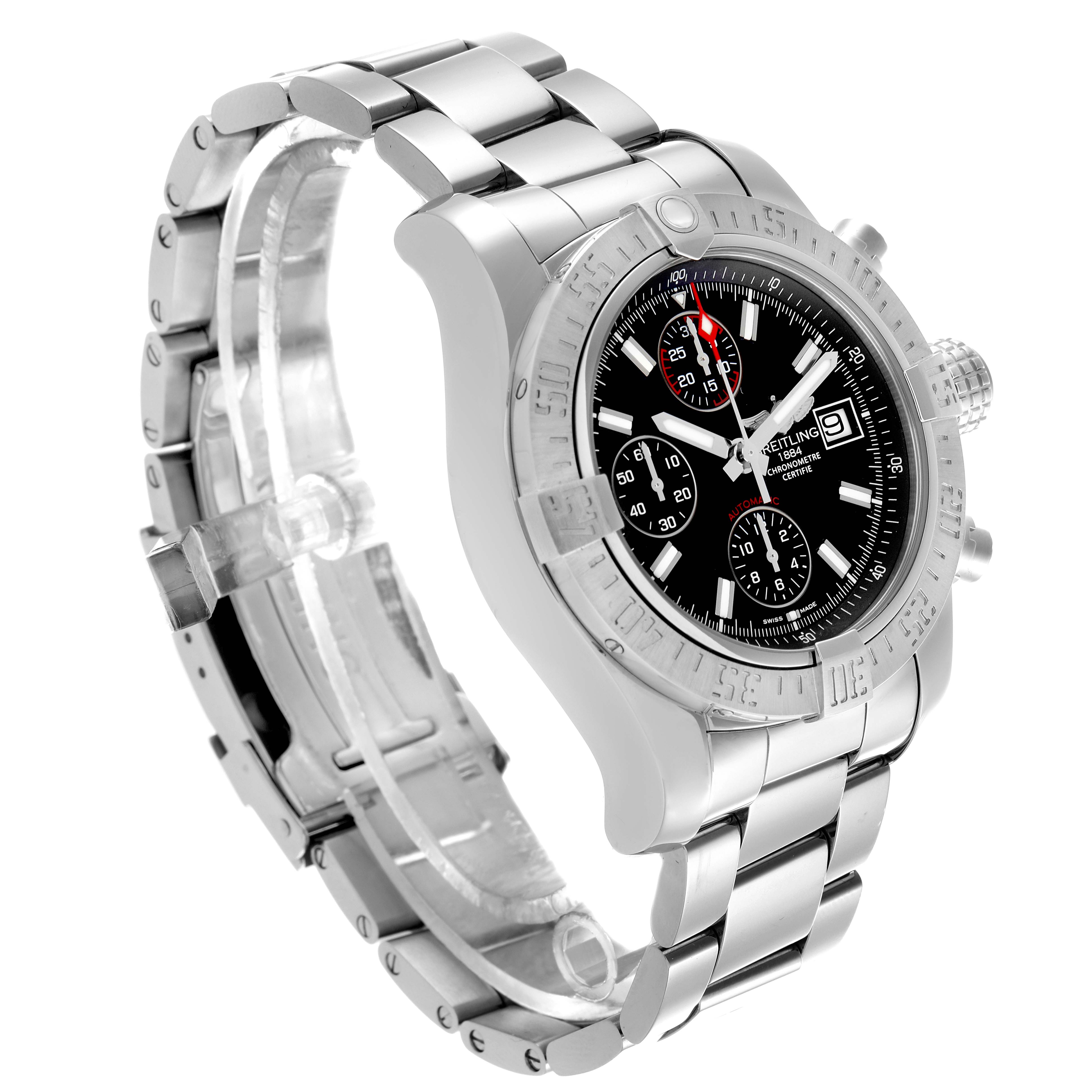 The Breitling Avenger A13381 Men
s Stainless Steel Black Dial A13381 Men
s Stainless Steel Black Dial watch is shown at a three-quarter angle, highlighting its bezel, dial, bracelet, and crown.