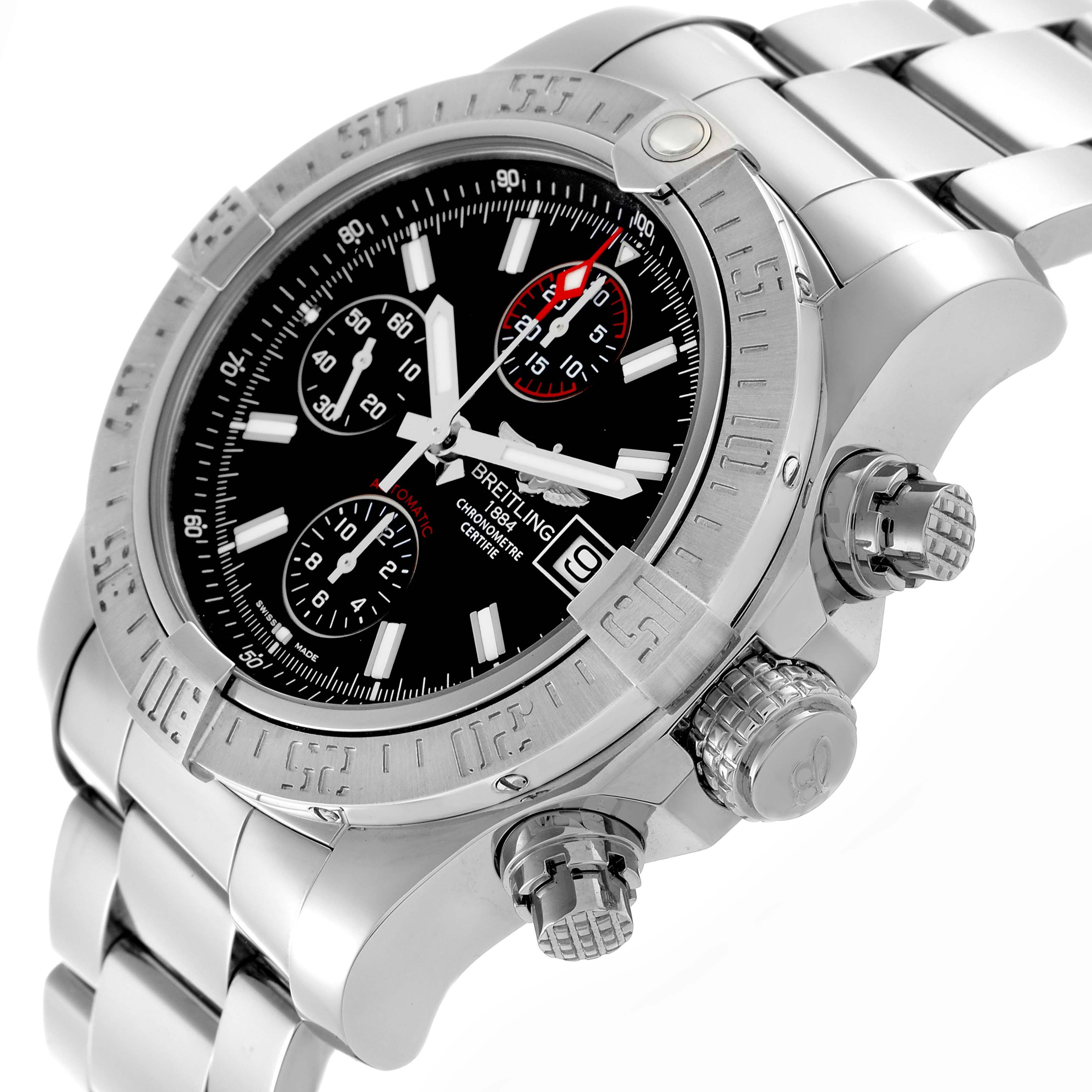 The Breitling Avenger A13381 Men
s Stainless Steel Black Dial A13381 Men
s Stainless Steel Black Dial watch is shown at an angled close-up, displaying the face, bezel, chronograph dials, and part of the bracelet.