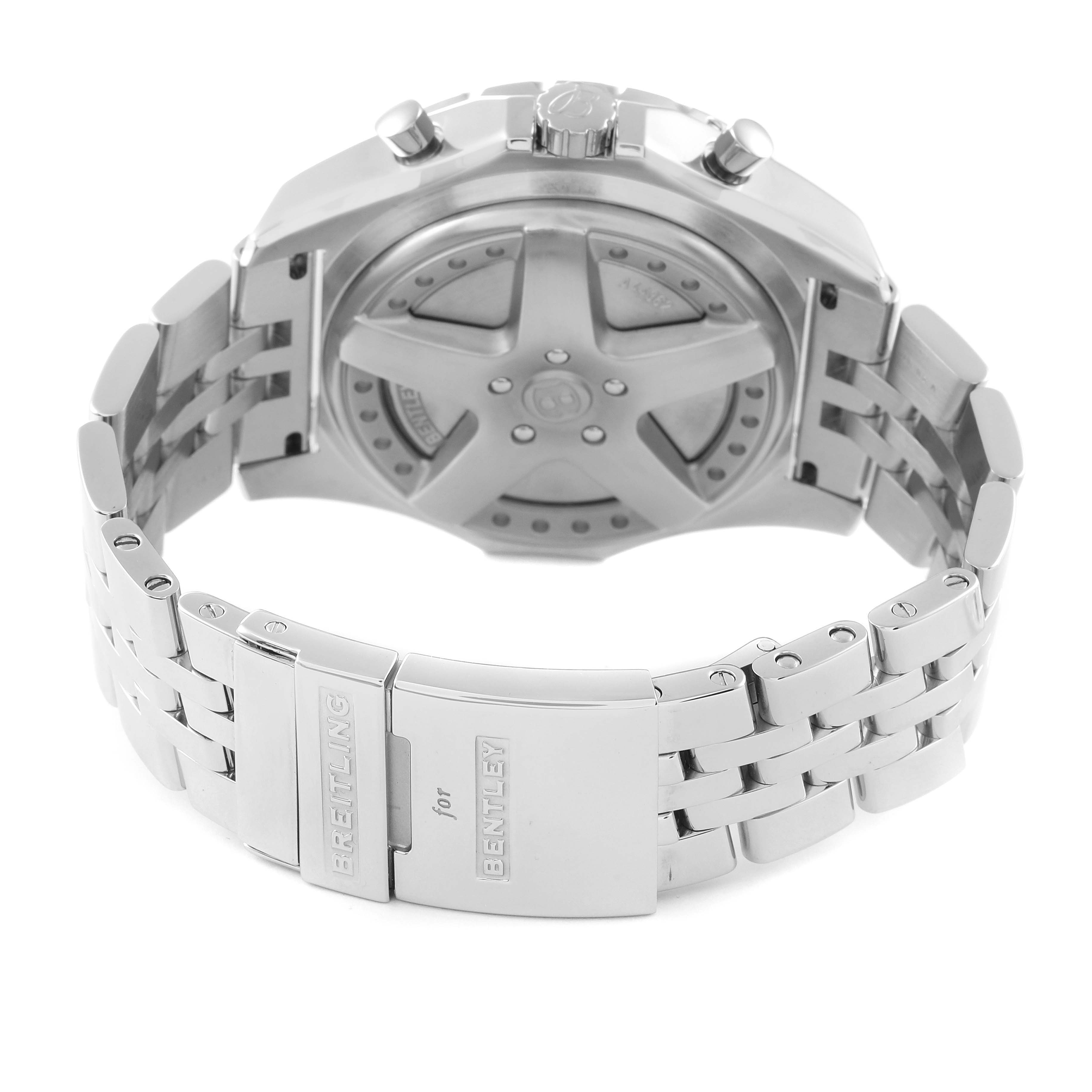 The image shows the back and bracelet of the Breitling Bentley A44362 Men's Stainless Steel Brown Dial A44362 Men's Stainless Steel Brown Dial watch, displaying its clasp and case back.