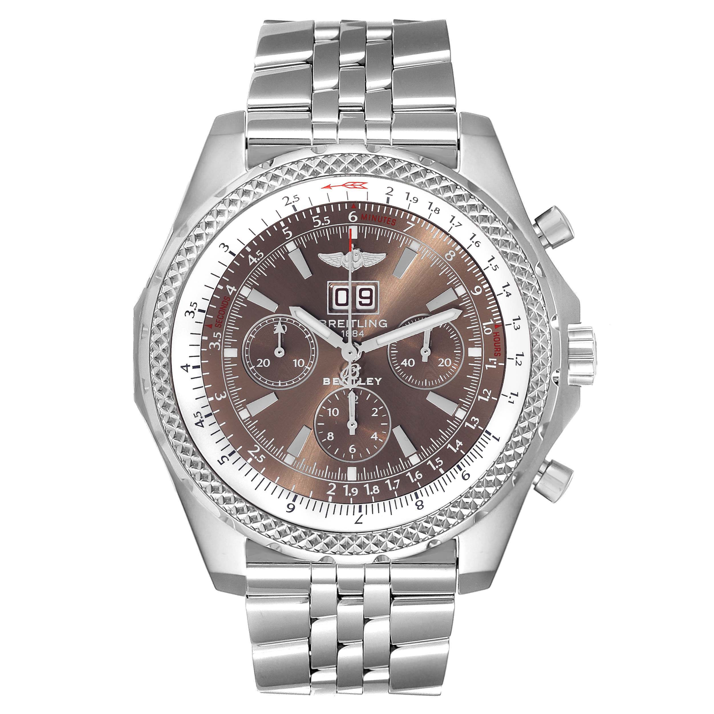 The image shows a Breitling Bentley A44362 Men's Stainless Steel Brown Dial A44362 Men's Stainless Steel Brown Dial watch from a front angle, displaying the face, bezel, and stainless steel bracelet.