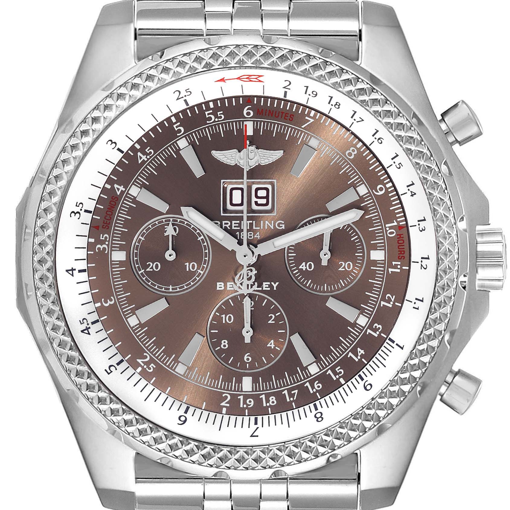 The Breitling Bentley A44362 Men's Stainless Steel Brown Dial A44362 Men's Stainless Steel Brown Dial model watch is shown from the front, displaying its face, bezel, and part of the band.