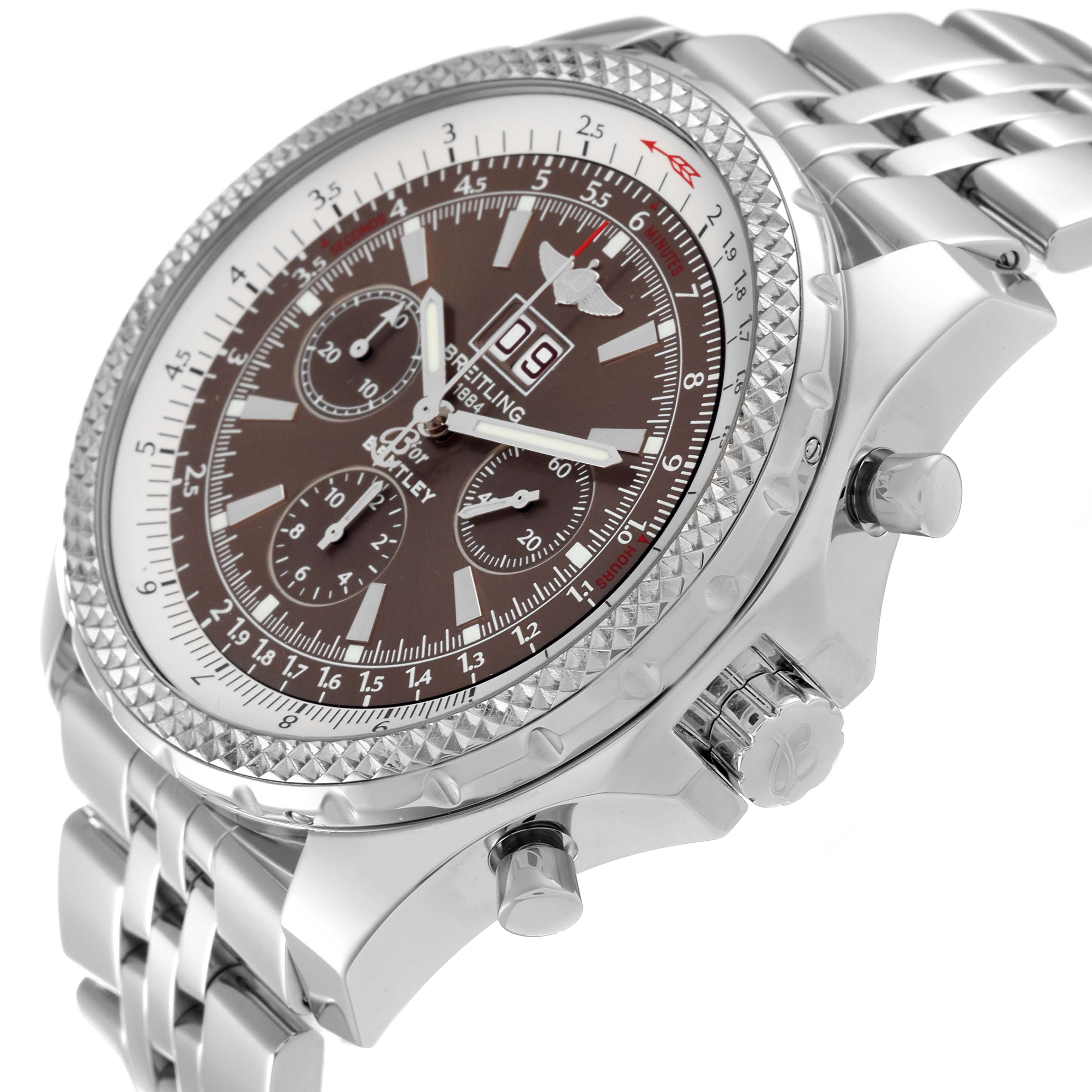 The Breitling Bentley A44362 Men's Stainless Steel Brown Dial A44362 Men's Stainless Steel Brown Dial model watch is shown at an oblique angle, highlighting the bezel, dial, chronograph subdials, and metal bracelet.