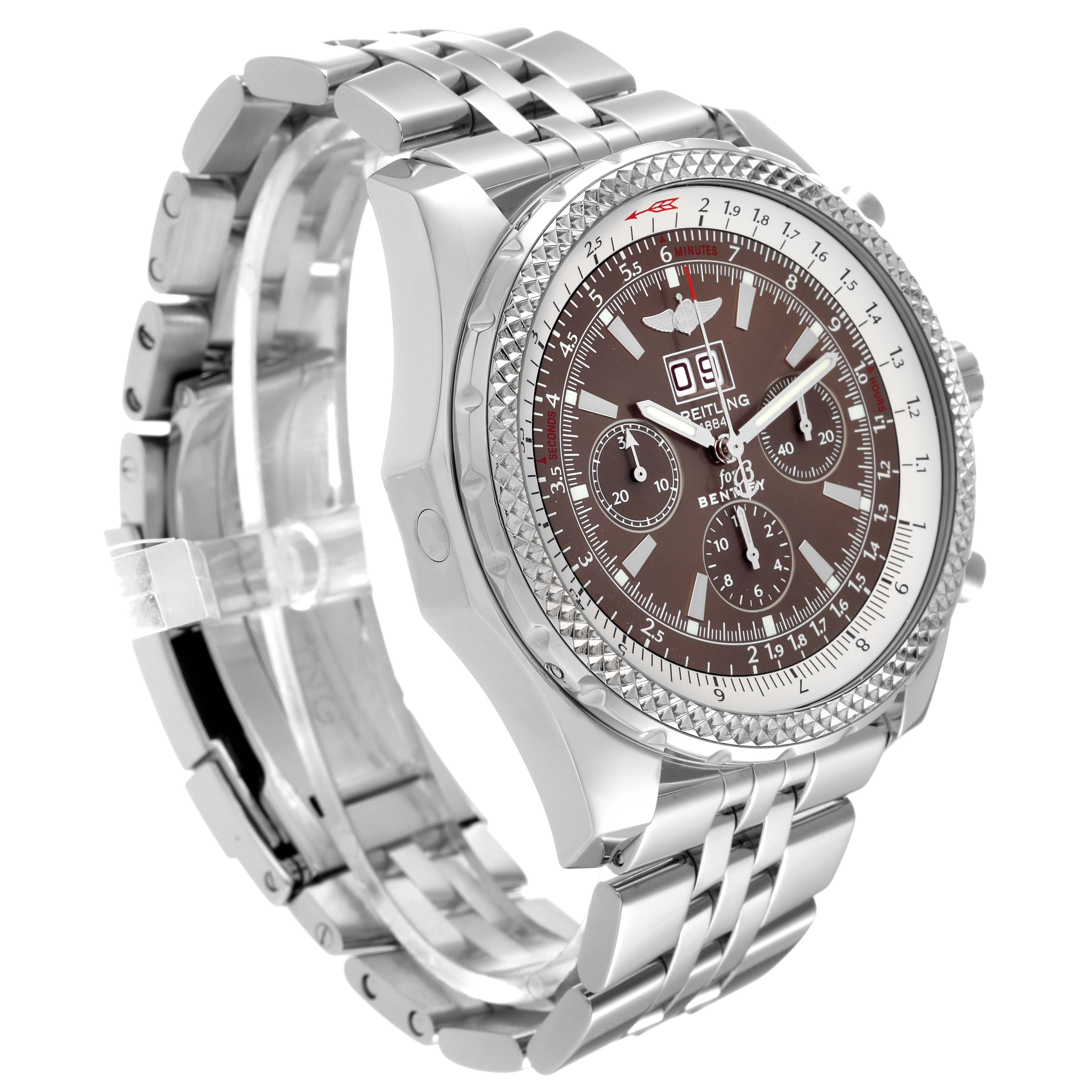 The image shows a side angle of the Breitling Bentley A44362 Men's Stainless Steel Brown Dial A44362 Men's Stainless Steel Brown Dial watch, highlighting its face, bezel, and stainless steel bracelet.