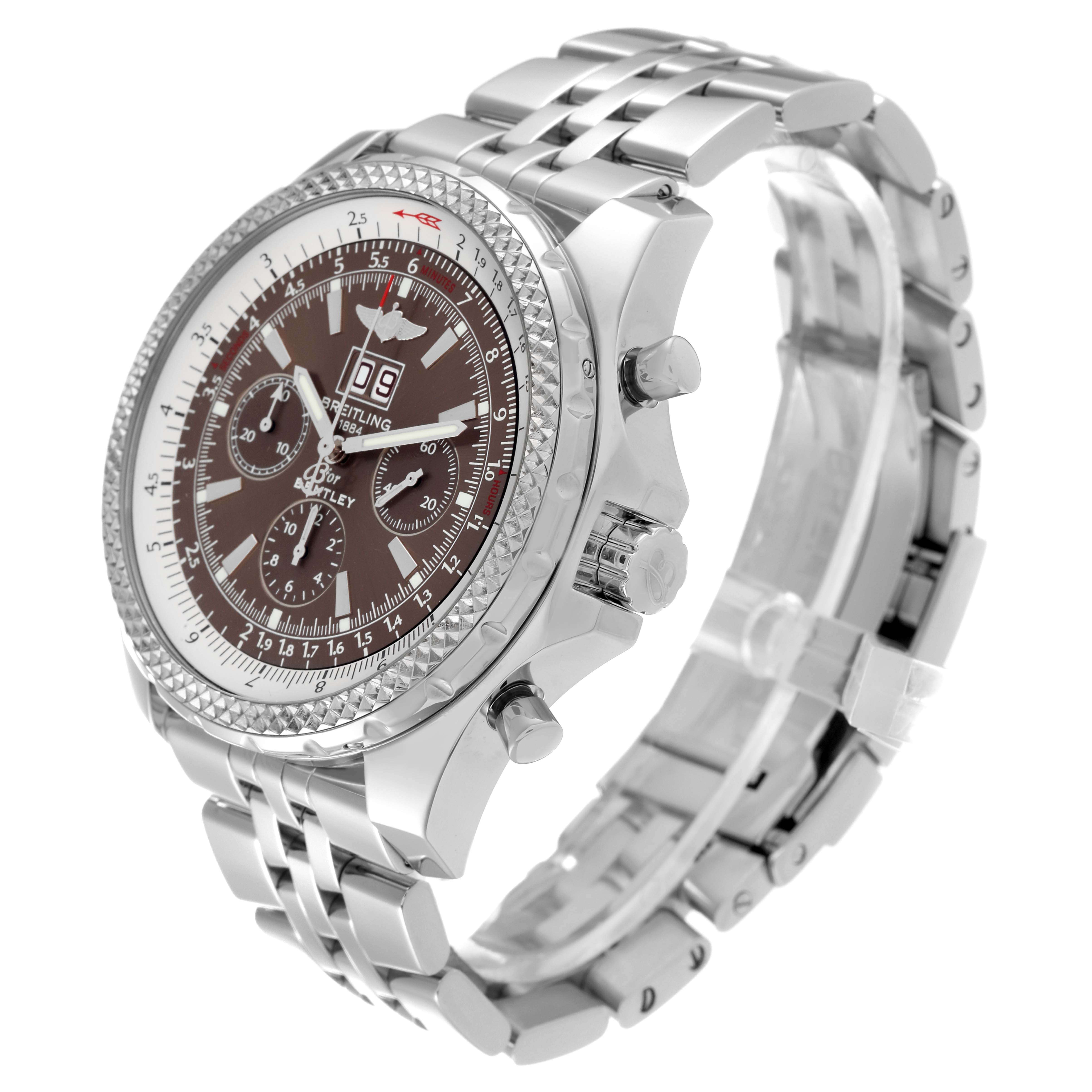 The Breitling Bentley A44362 Men's Stainless Steel Brown Dial A44362 Men's Stainless Steel Brown Dial model watch is shown at a three-quarter angle, highlighting its dial, bezel, and stainless steel bracelet.
