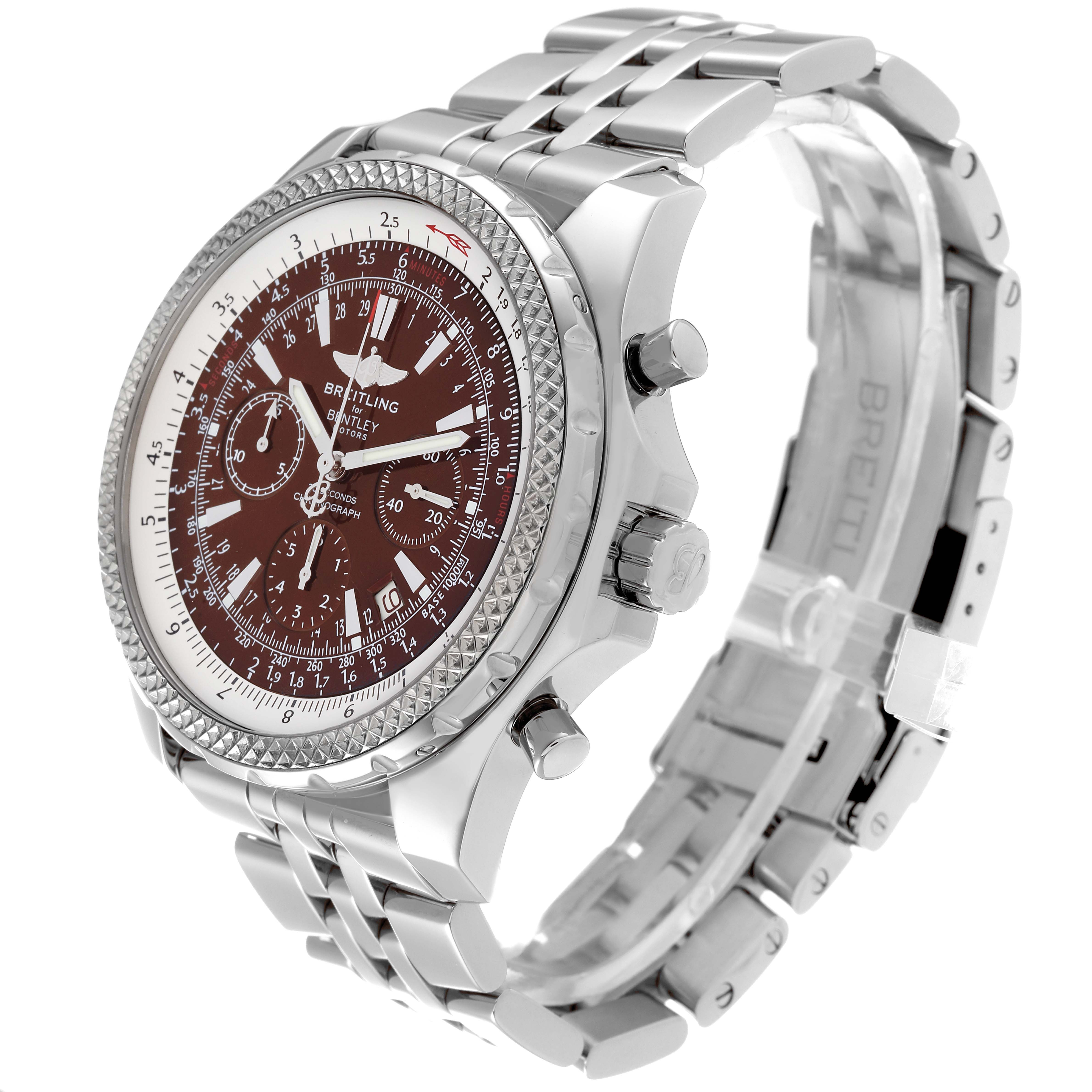 The image shows a side-angle view of a Bentley model watch by Breitling, focusing on its dial, bezel, and metallic strap.