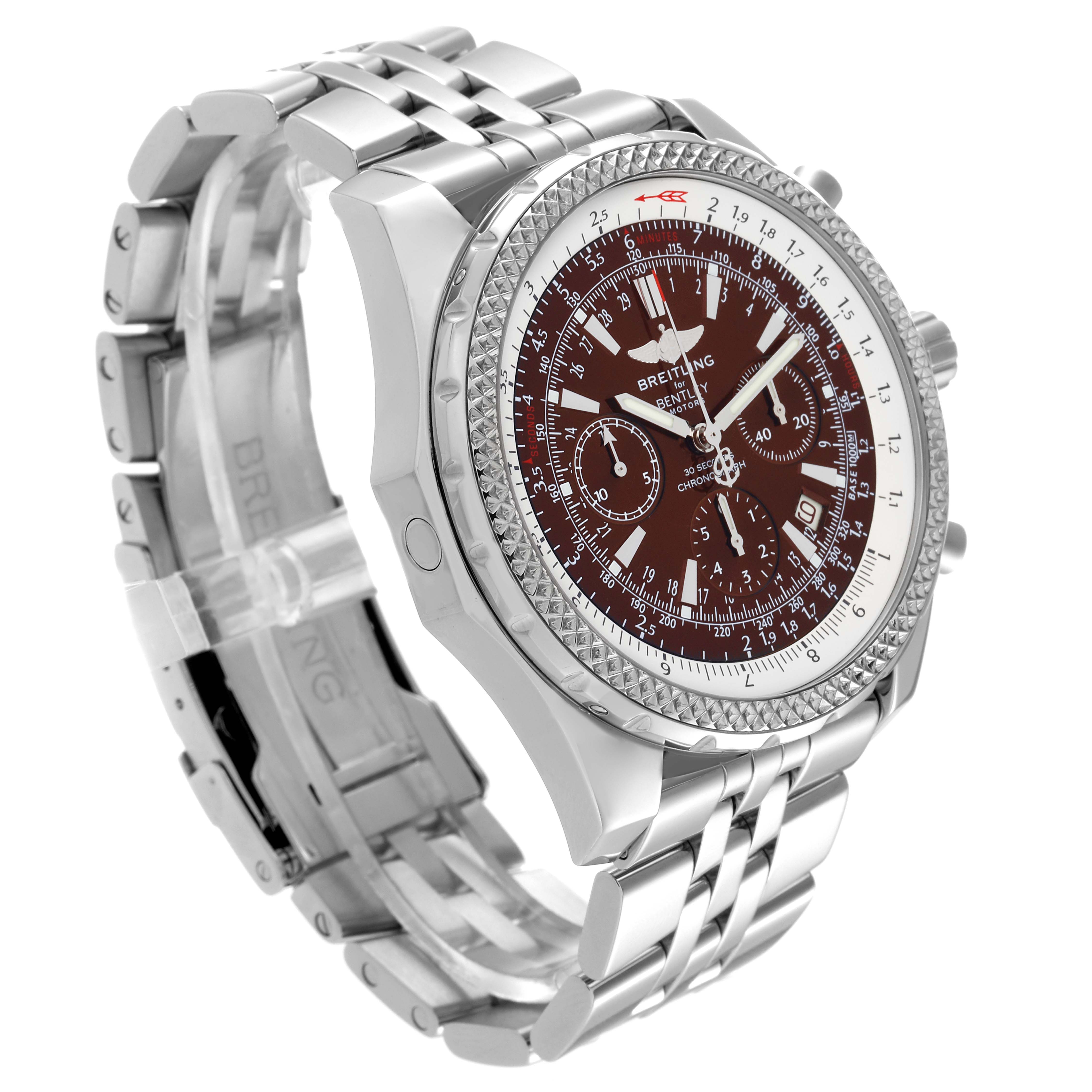 The Breitling Bentley A25362 Men's Stainless Steel Brown Dial A25362 Men's Stainless Steel Brown Dial model watch is shown at a slight angle, displaying the face, bezel, and metal bracelet.