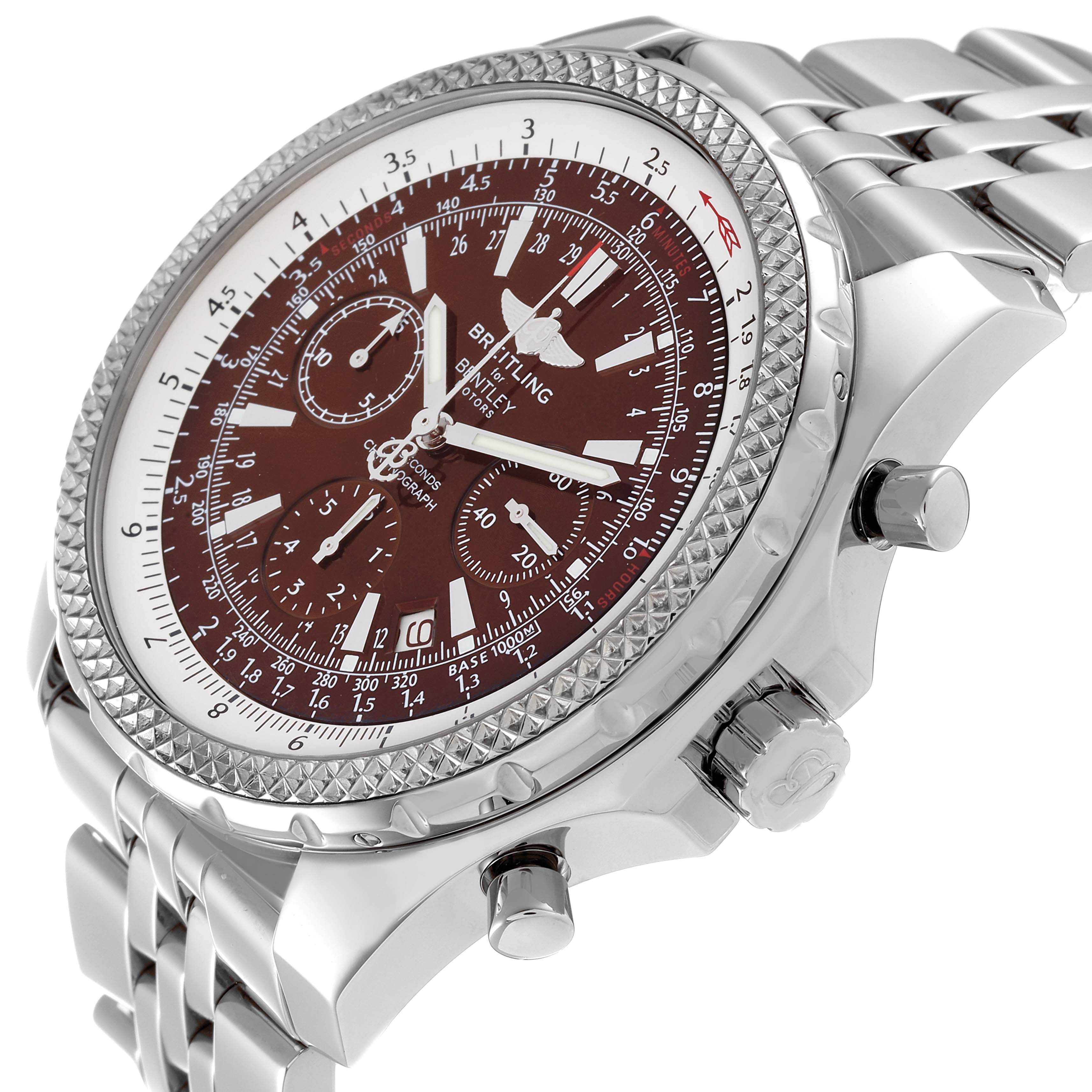 The image shows a Bentley model by Breitling from a slightly tilted angle, highlighting the face, bezel, and part of the bracelet.