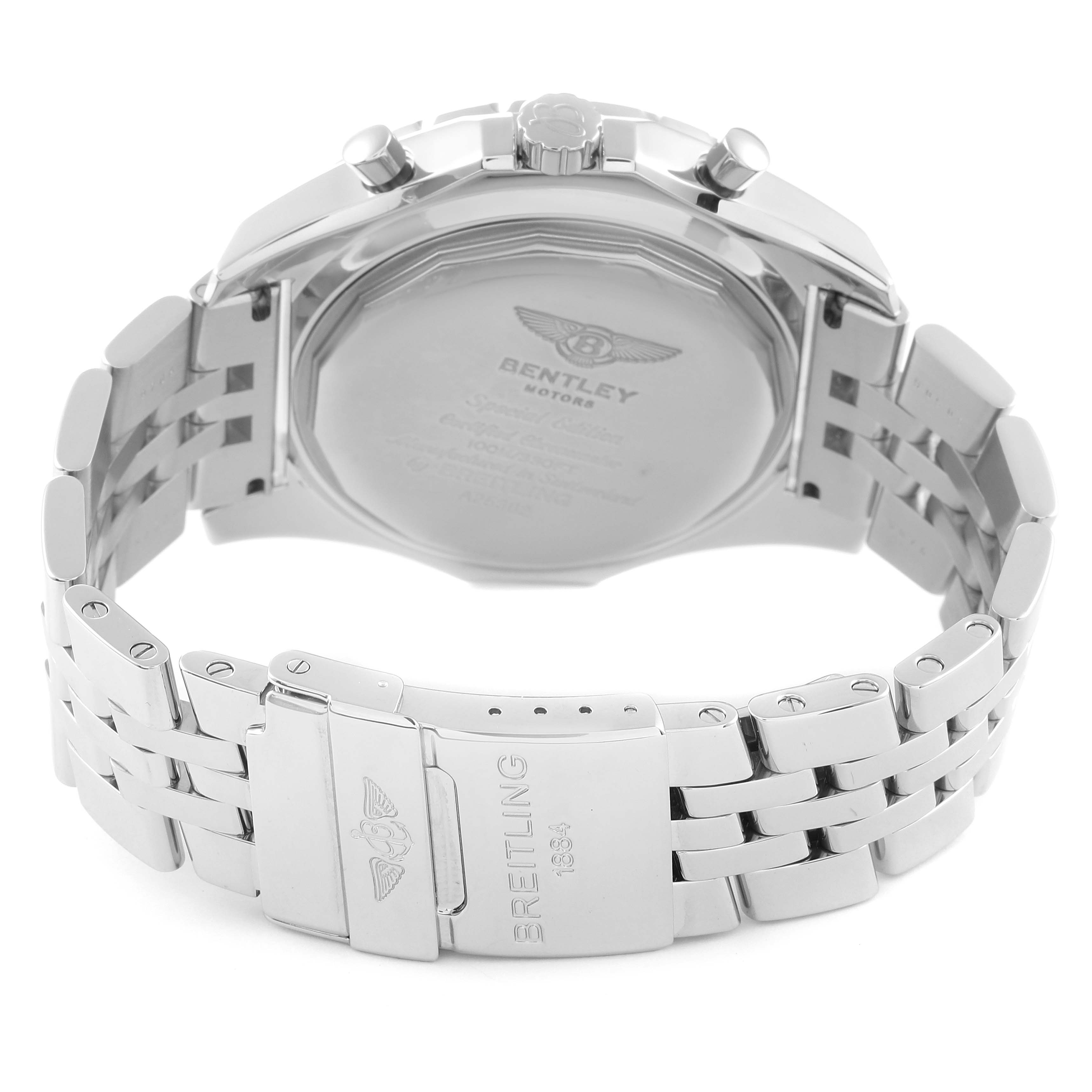 The image shows the back and clasp of a Bentley model watch by Breitling at an angle revealing the case back and bracelet.