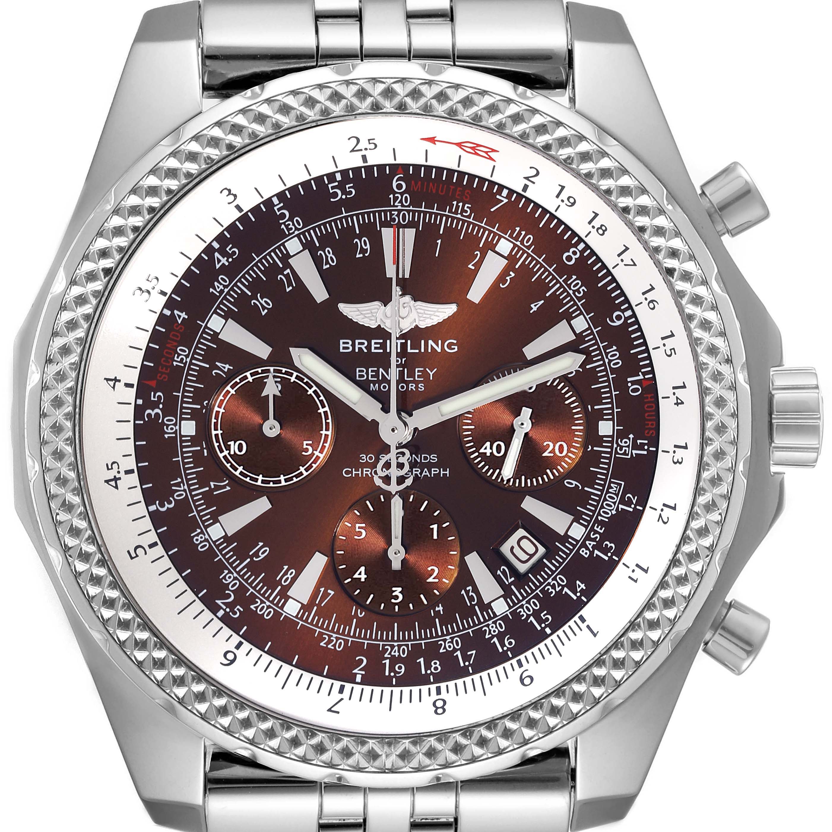 The Breitling Bentley A25362 Men's Stainless Steel Brown Dial A25362 Men's Stainless Steel Brown Dial watch is shown from a front angle, highlighting the intricate dial and bezel.