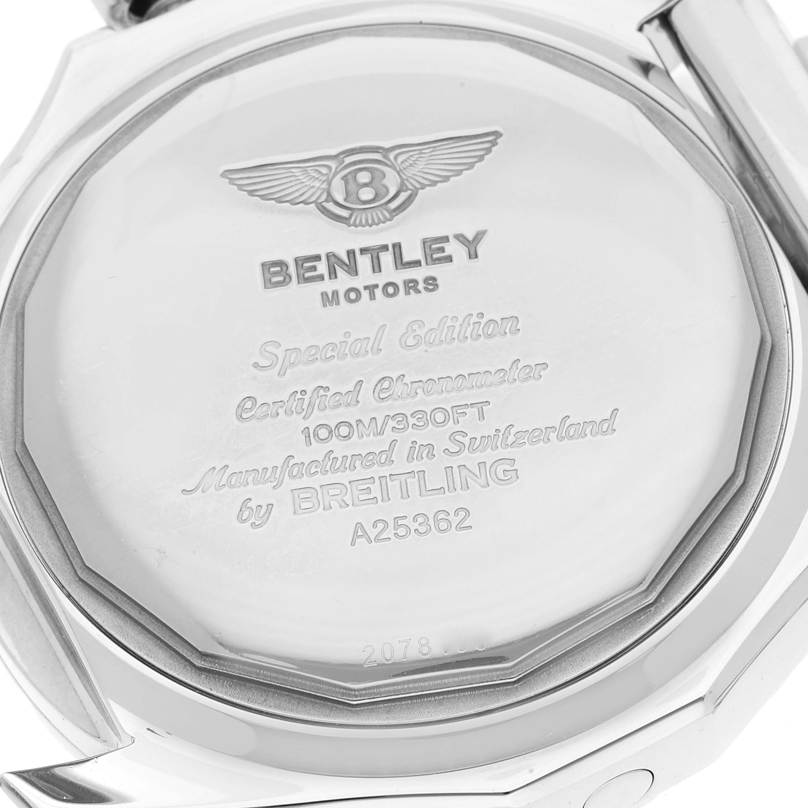 The image shows the back case of a Breitling Bentley A25362 Men's Stainless Steel Brown Dial A25362 Men's Stainless Steel Brown Dial model watch from a close-up angle.