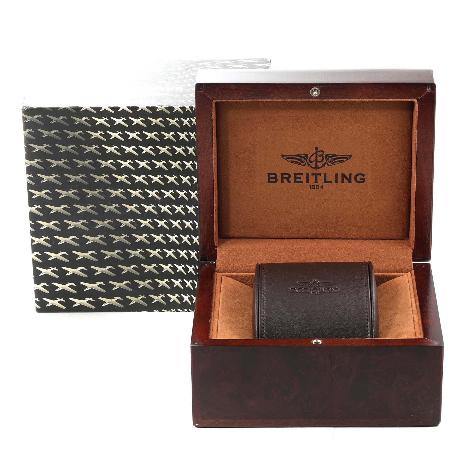 The image shows the Breitling Bentley A25362 Men's Stainless Steel Brown Dial A25362 Men's Stainless Steel Brown Dial watch box and a leather watch cushion inside an open wooden case.