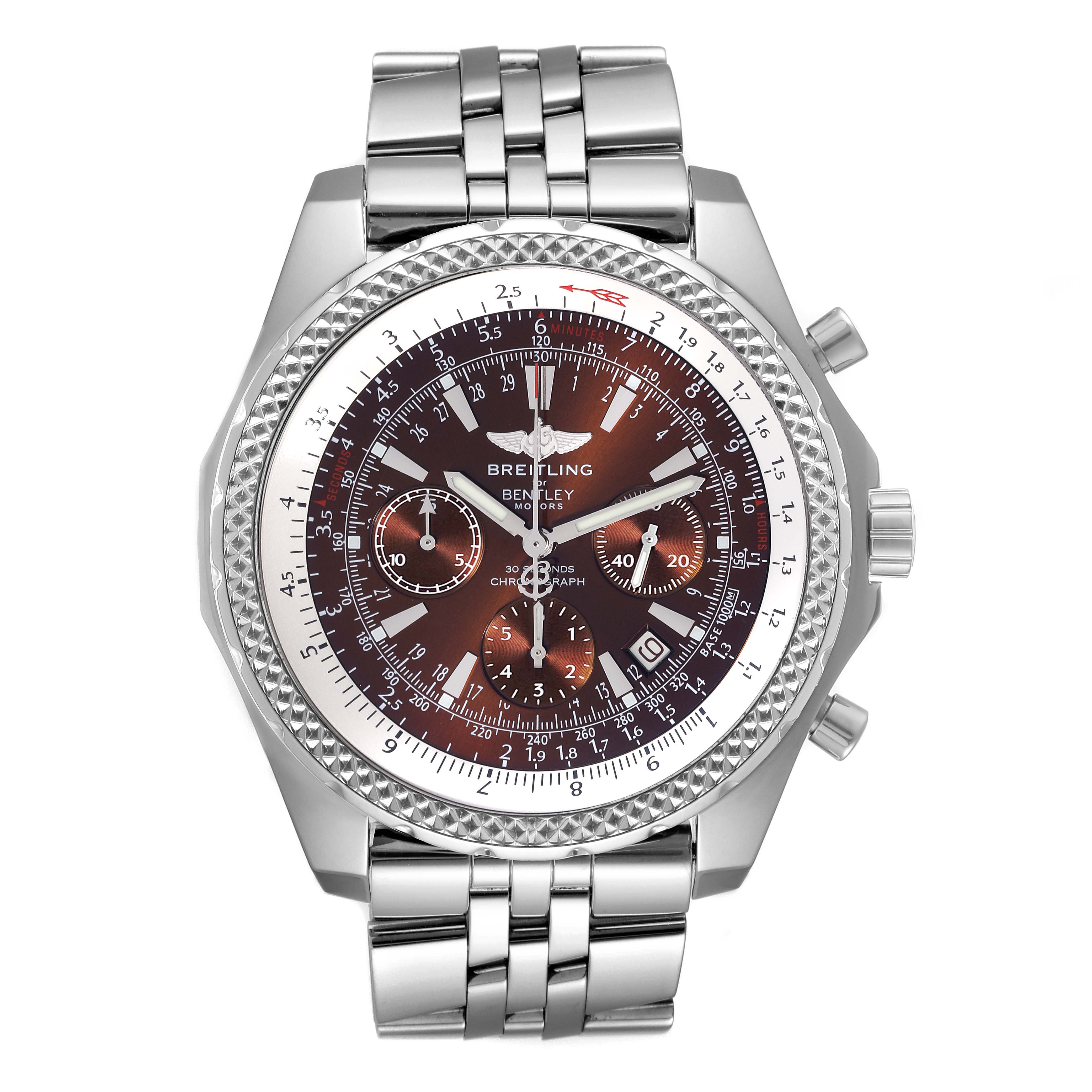 This image shows a front view of a Breitling Bentley A25362 Men's Stainless Steel Brown Dial A25362 Men's Stainless Steel Brown Dial watch, highlighting its face, bezel, crown, and stainless steel bracelet.