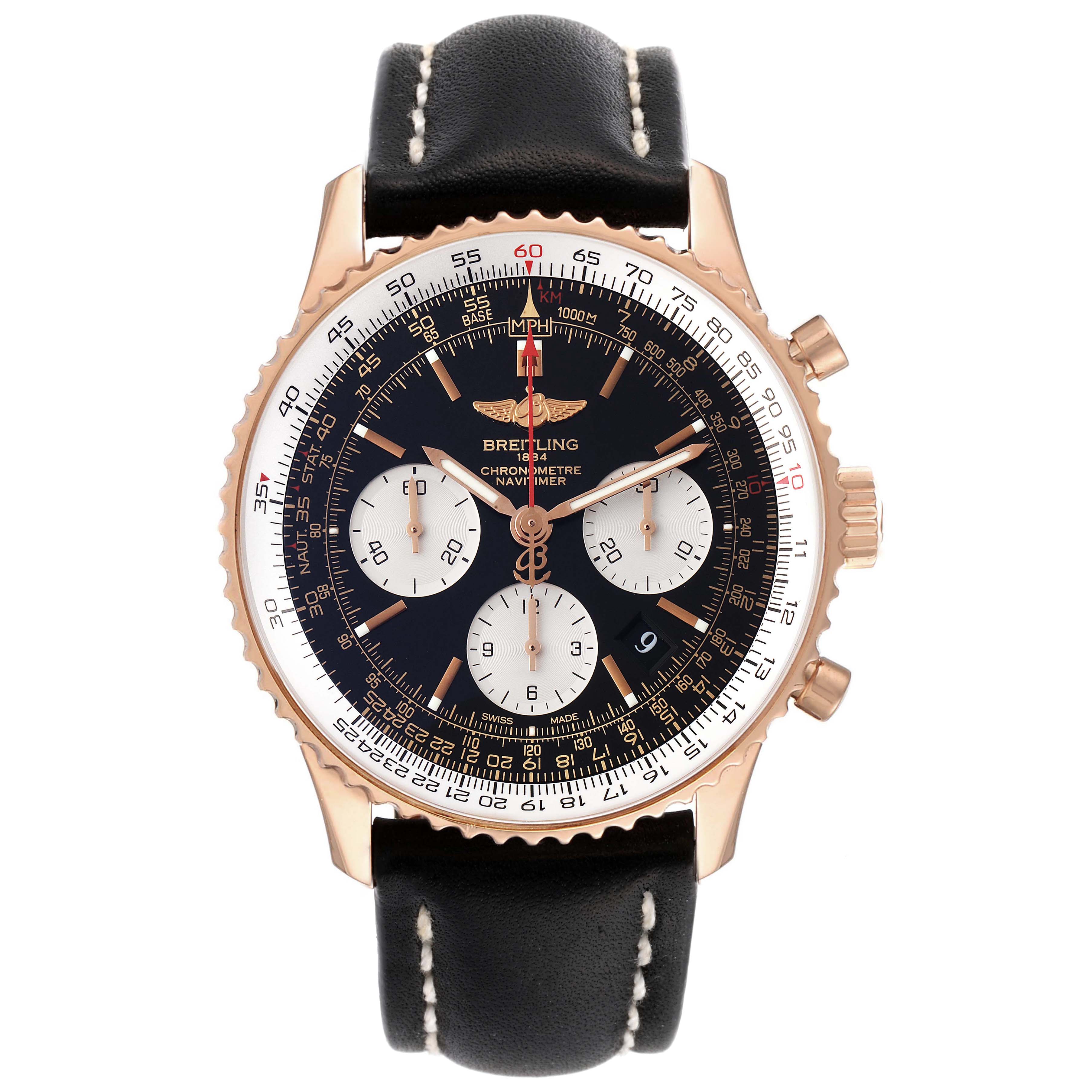 The image shows a front view of a Breitling Navitimer RB0120 Men
s Rose Gold Black Dial RB0120 Men
s Rose Gold Black Dial watch with a black leather strap and a rose gold case.