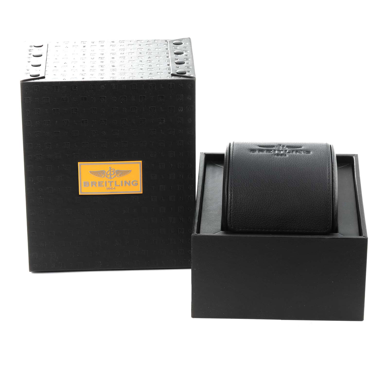 The image shows the packaging for a Breitling Navitimer RB0120 Men
s Rose Gold Black Dial RB0120 Men
s Rose Gold Black Dial watch, including a branded box and a leather watch case.