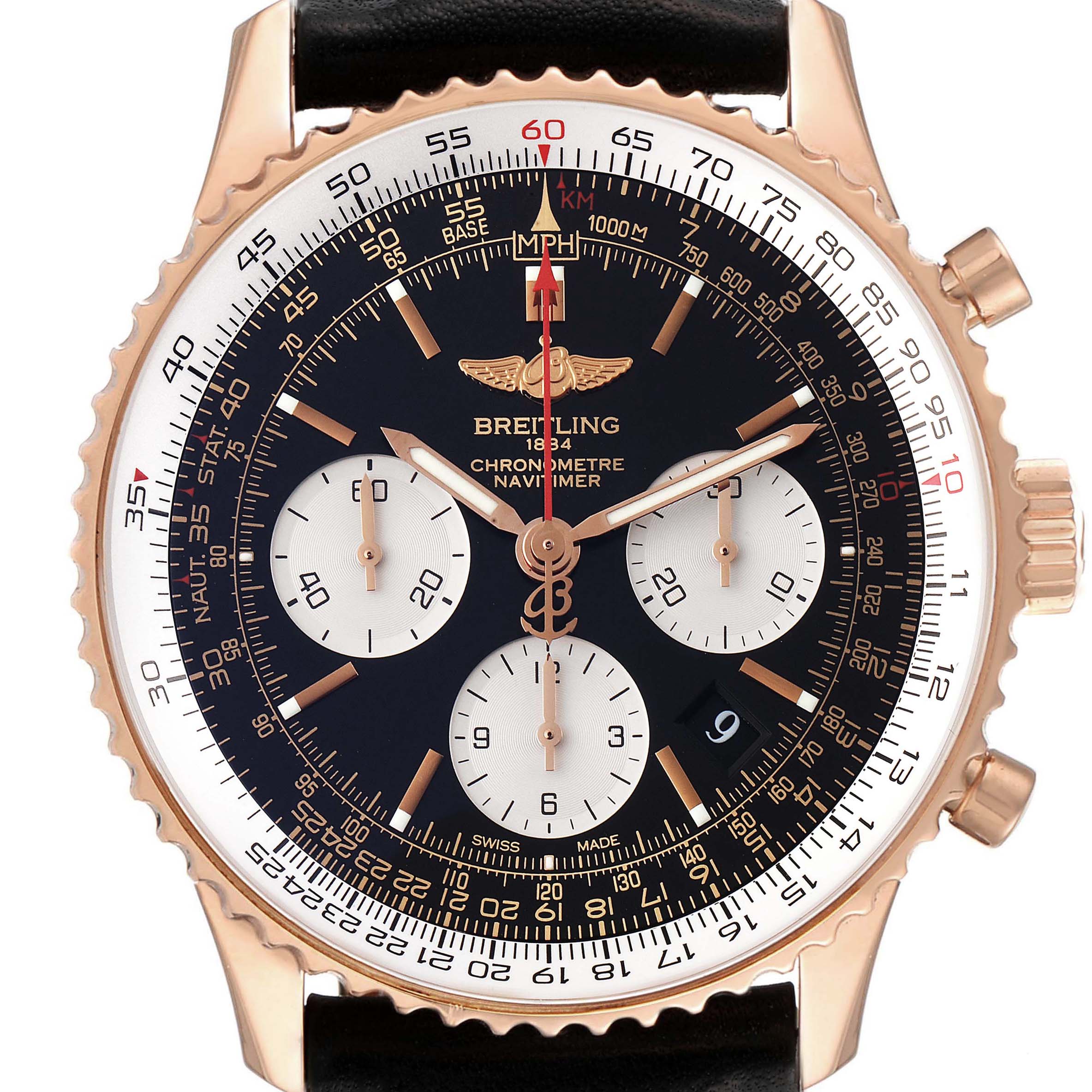 The Breitling Navitimer RB0120 Men
s Rose Gold Black Dial RB0120 Men
s Rose Gold Black Dial watch is shown from a front angle, highlighting the dial, bezel, subdials, and crown.