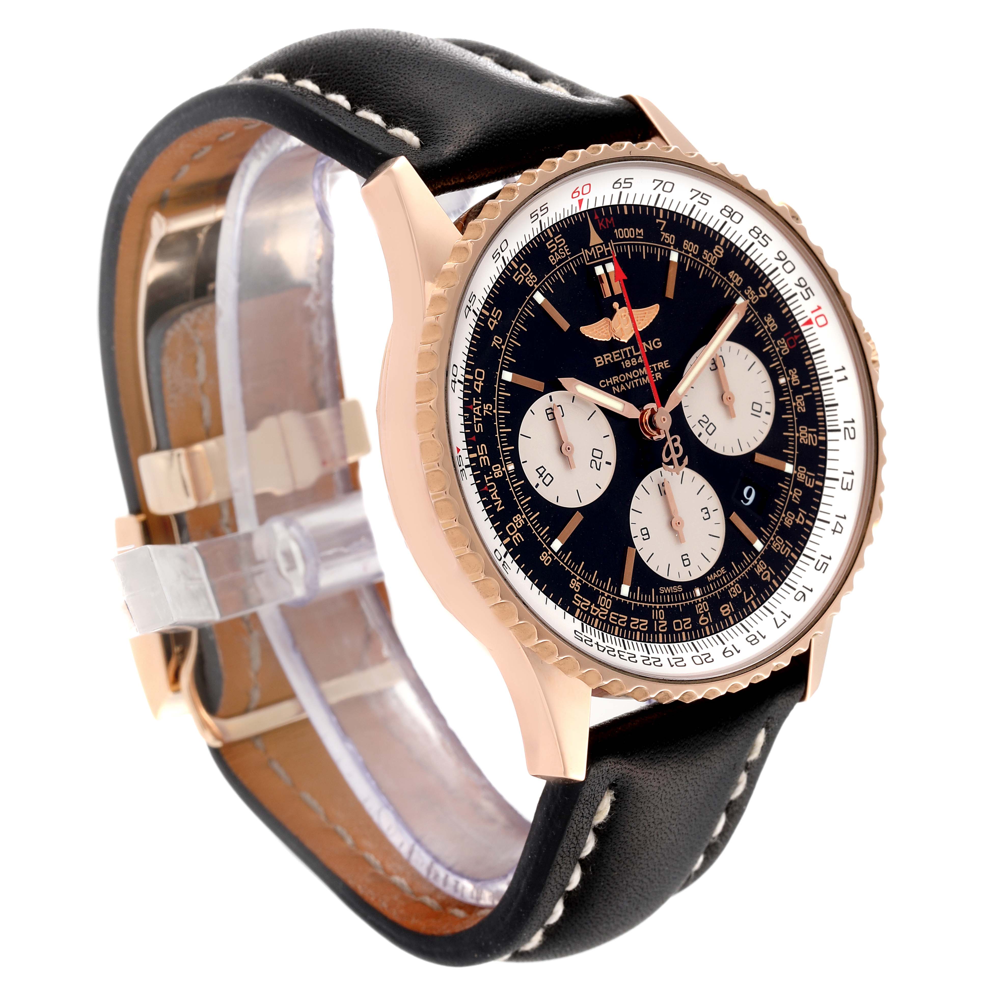 The Breitling Navitimer RB0120 Men
s Rose Gold Black Dial RB0120 Men
s Rose Gold Black Dial watch is shown at an angled side view, highlighting its dial, straps, and bezel.