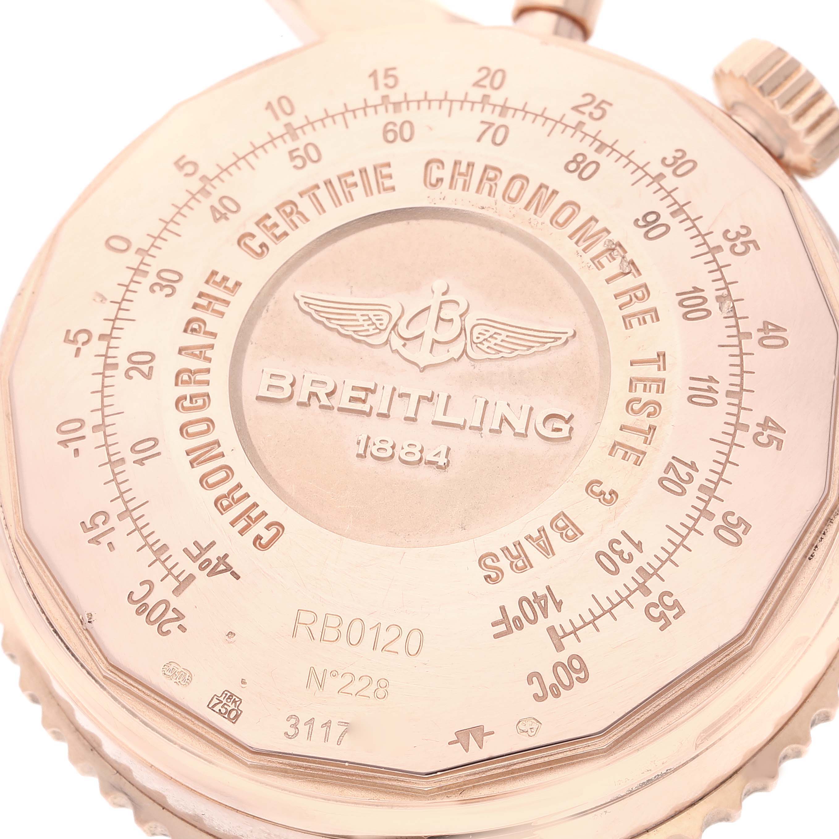 This is a close-up of the back case of a Breitling Navitimer RB0120 Men
s Rose Gold Black Dial RB0120 Men
s Rose Gold Black Dial watch.