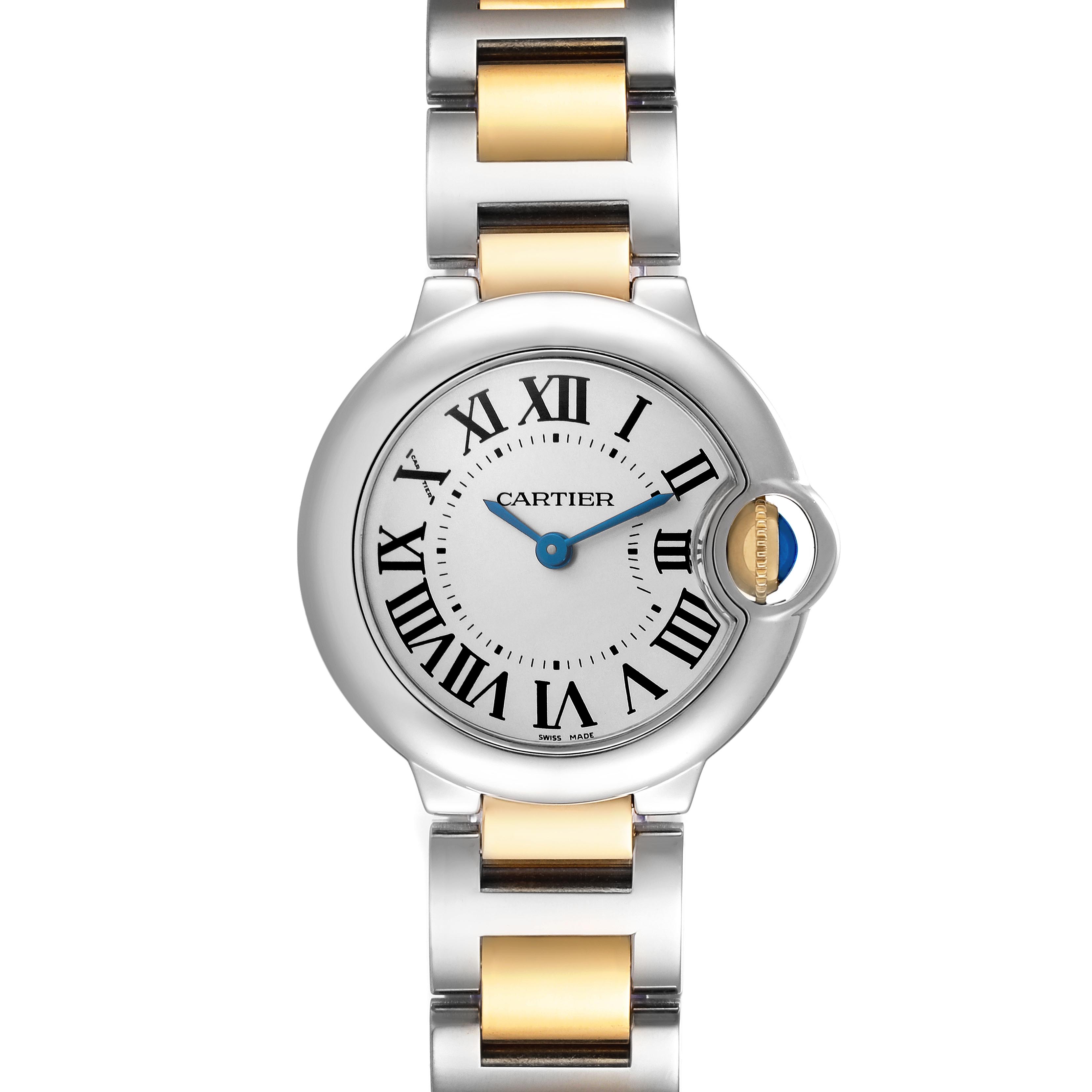 The Cartier Ballon Bleu W69007Z3 Women
s Steel and Gold (two tone) Silver Dial W69007Z3 Women
s Steel and Gold (two tone) Silver Dial watch is shown from a top-down angle, highlighting its face, bezel, and bracelet.