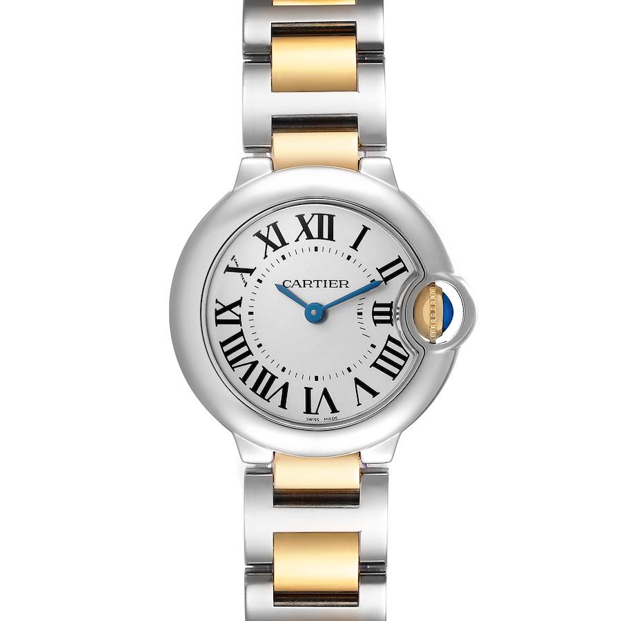The Cartier Ballon Bleu watch is shown from a top-down angle, highlighting its face, bezel, and bracelet.