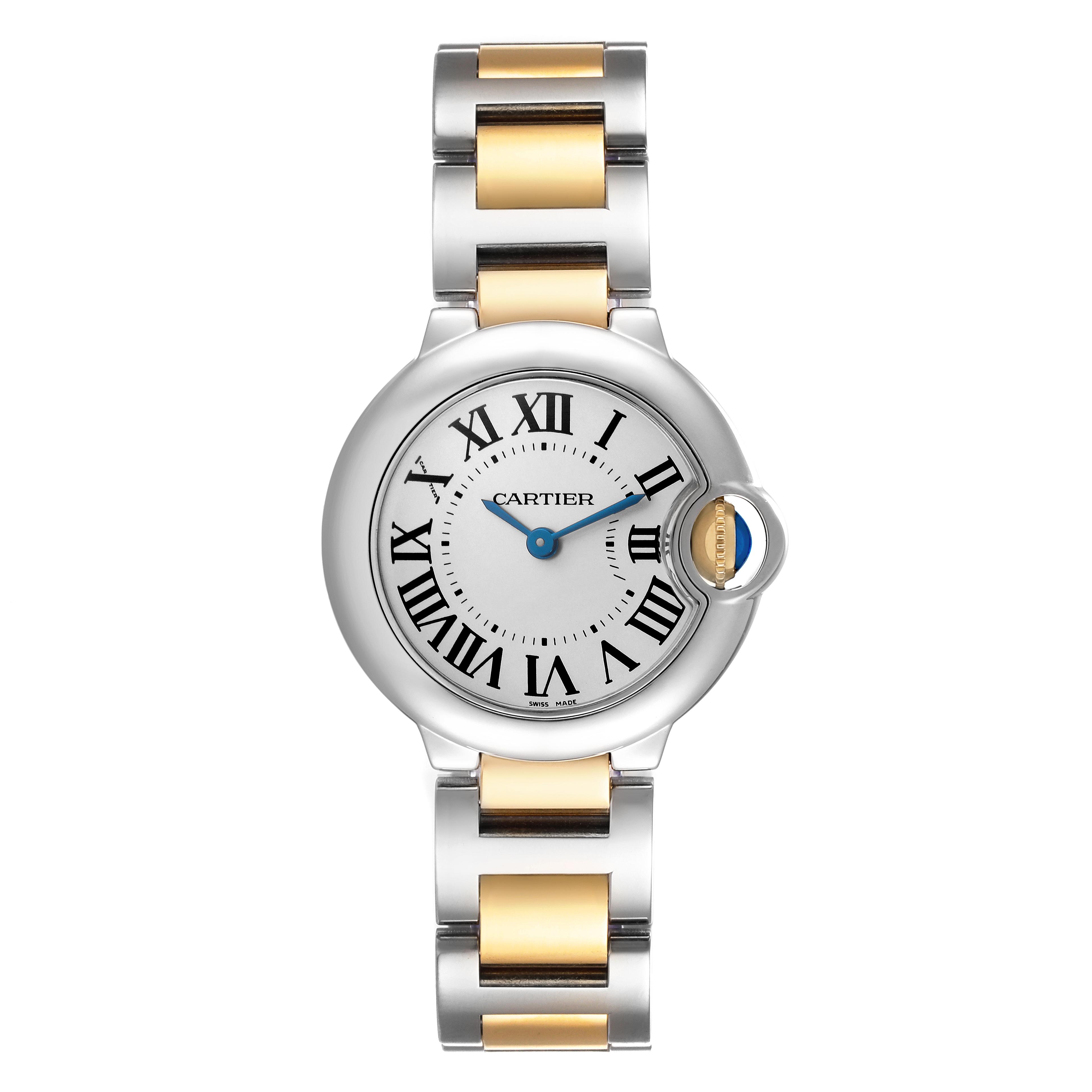 The Cartier Ballon Bleu W69007Z3 Women
s Steel and Gold (two tone) Silver Dial W69007Z3 Women
s Steel and Gold (two tone) Silver Dial watch is shown from a frontal angle, highlighting its face, roman numerals, and two-tone bracelet.