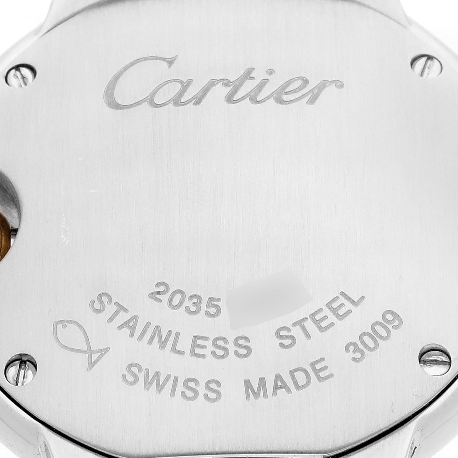 The image shows the back case of a Cartier Ballon Bleu W69007Z3 Women
s Steel and Gold (two tone) Silver Dial W69007Z3 Women
s Steel and Gold (two tone) Silver Dial watch, highlighting the brand logo and stainless steel markings.