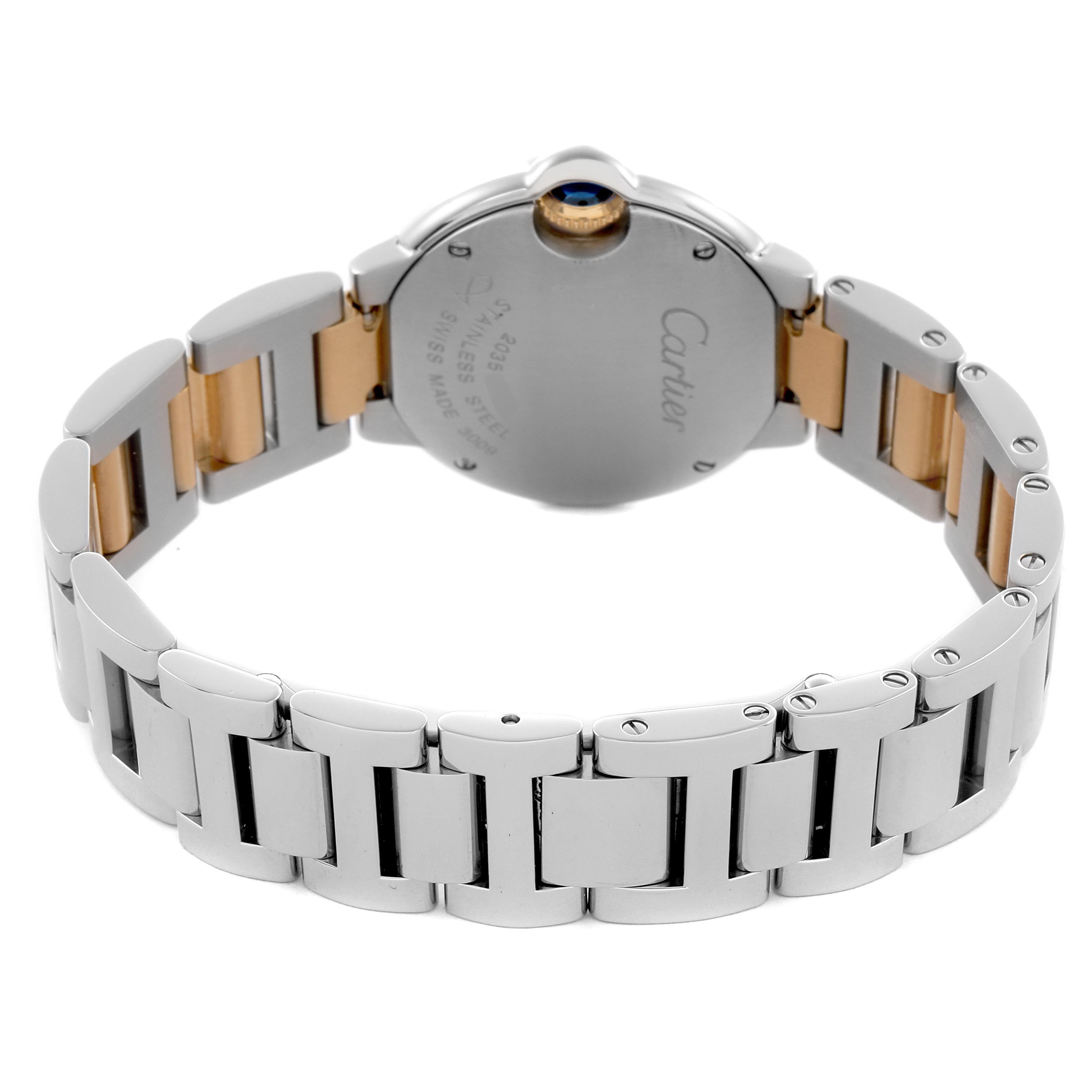 The image shows the back of a Cartier Ballon Bleu W69007Z3 Women
s Steel and Gold (two tone) Silver Dial W69007Z3 Women
s Steel and Gold (two tone) Silver Dial watch, highlighting the metal bracelet and case back with crown detail.