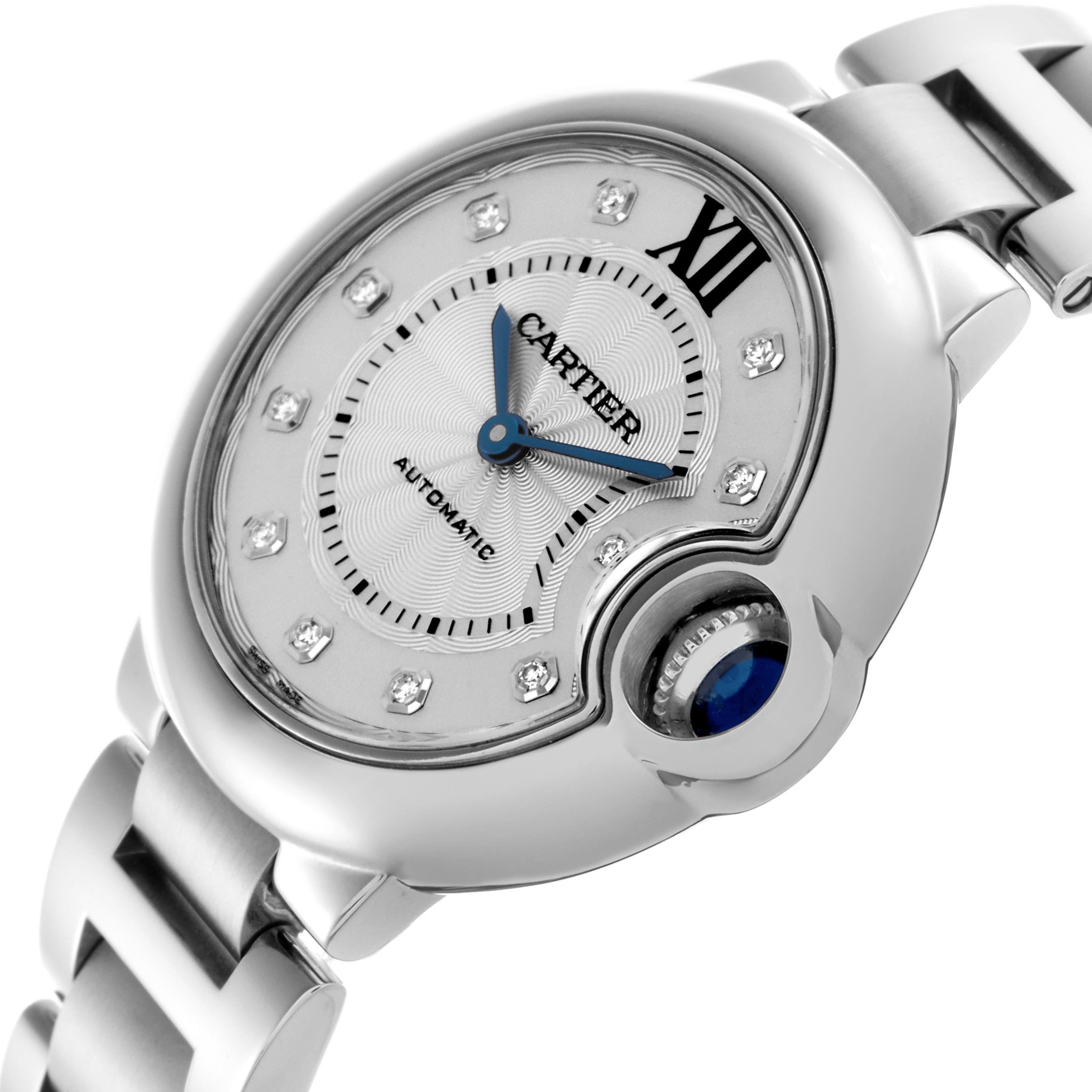 The image shows a Cartier Ballon Bleu WE902074 Women
s Stainless Steel Silver Dial WE902074 Women
s Stainless Steel Silver Dial watch from a slight side angle, highlighting the dial, crown guard, and bracelet.