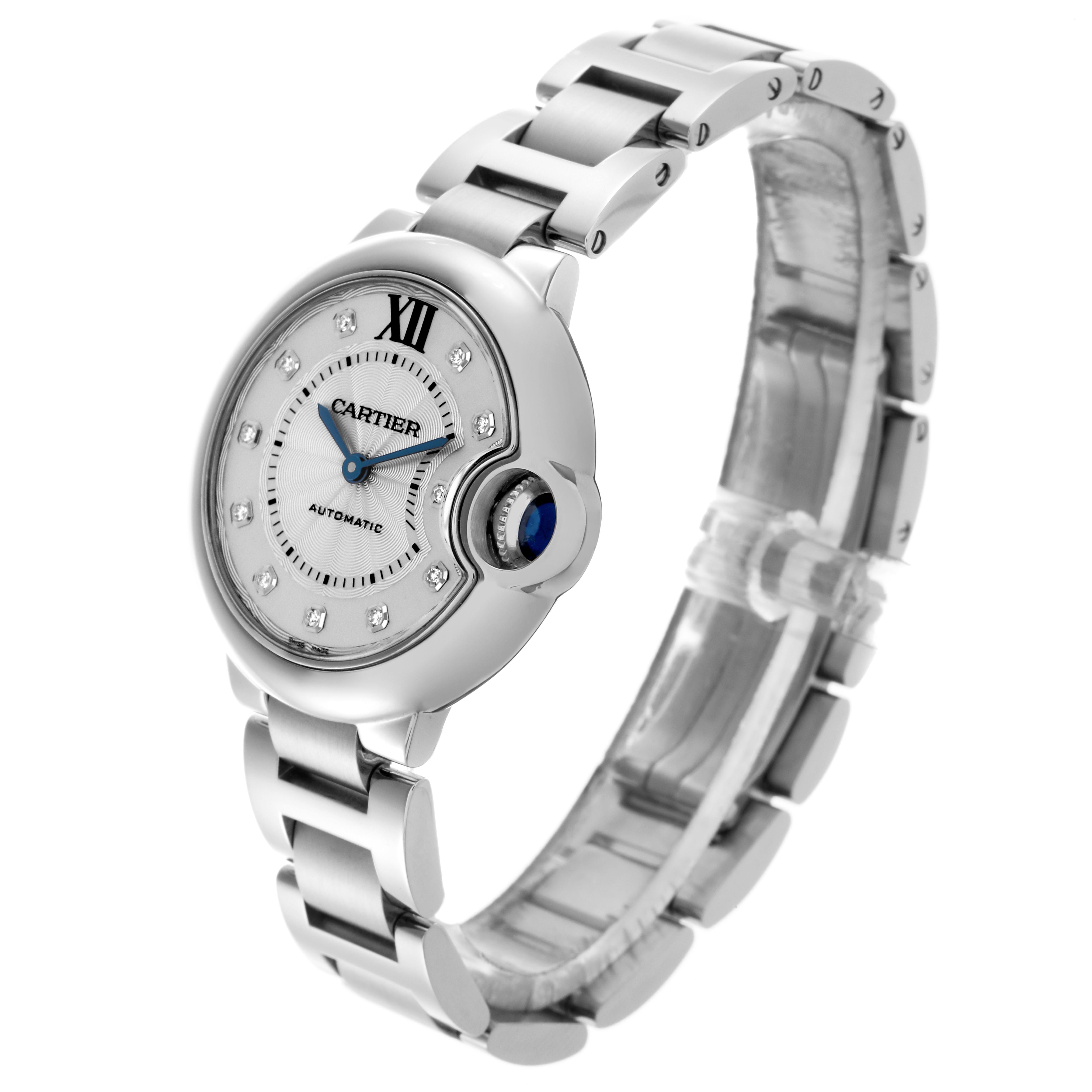 The Cartier Ballon Bleu WE902074 Women
s Stainless Steel Silver Dial WE902074 Women
s Stainless Steel Silver Dial watch is shown at a three-quarter angle, highlighting the case, bracelet, and crown.