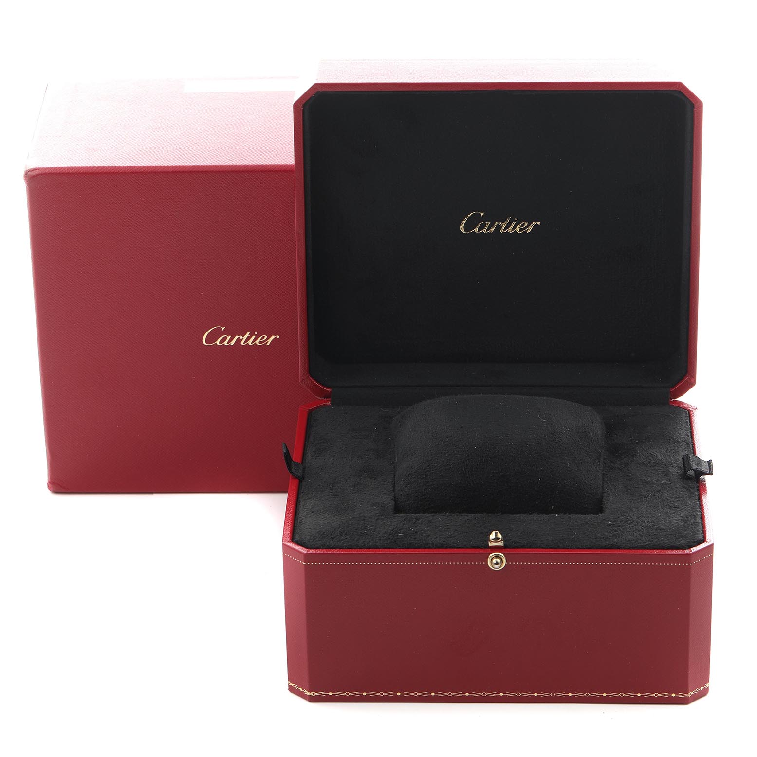The image shows a red Cartier box for the Ballon Bleu model, with the lid open and a black cushion inside.