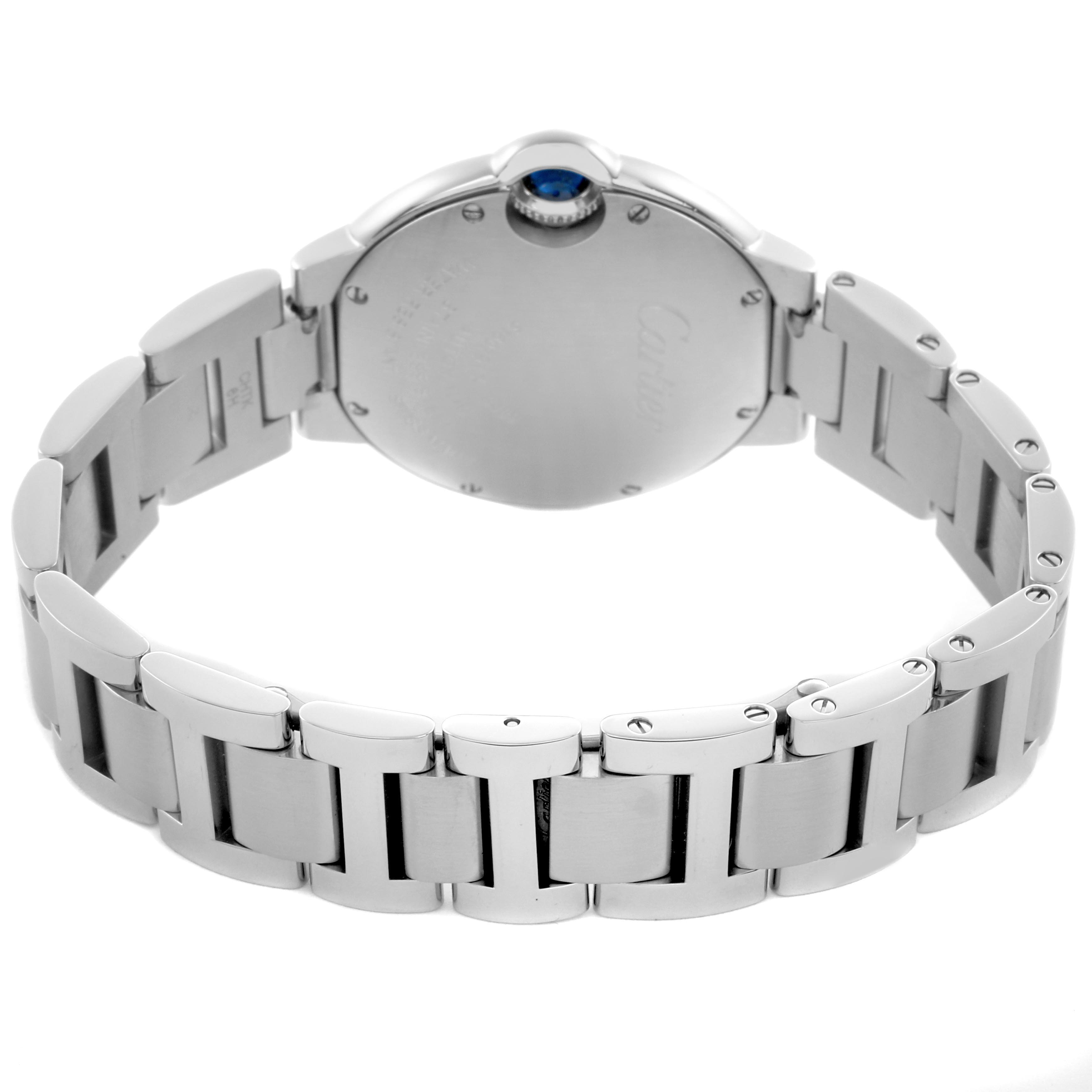 The image shows the back and bracelet of a Cartier Ballon Bleu WE902074 Women
s Stainless Steel Silver Dial WE902074 Women
s Stainless Steel Silver Dial watch from a rear angle, highlighting the metal links and case.