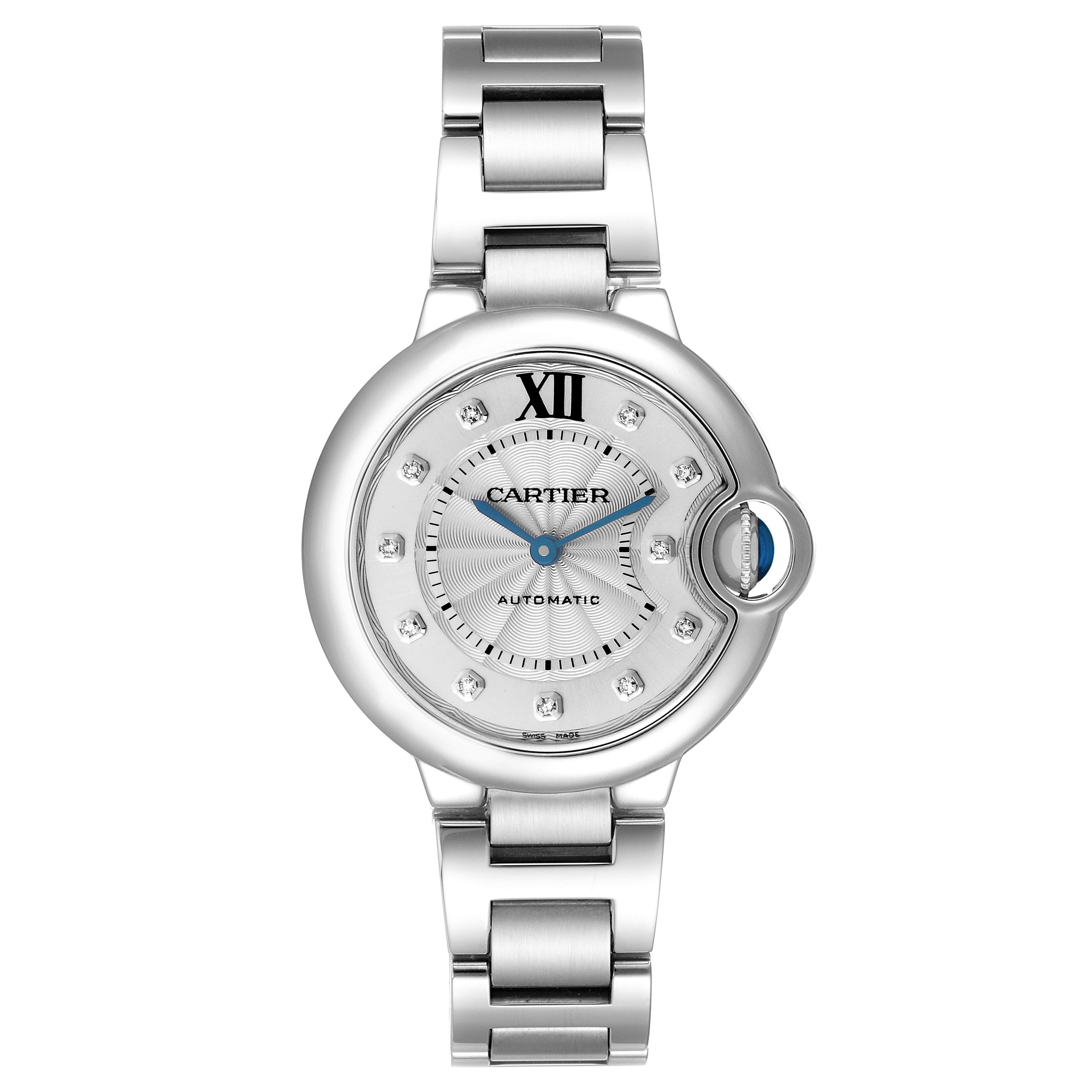 The image shows a Cartier Ballon Bleu WE902074 Women
s Stainless Steel Silver Dial WE902074 Women
s Stainless Steel Silver Dial watch from a top-down angle, highlighting its face, bracelet, and crown.