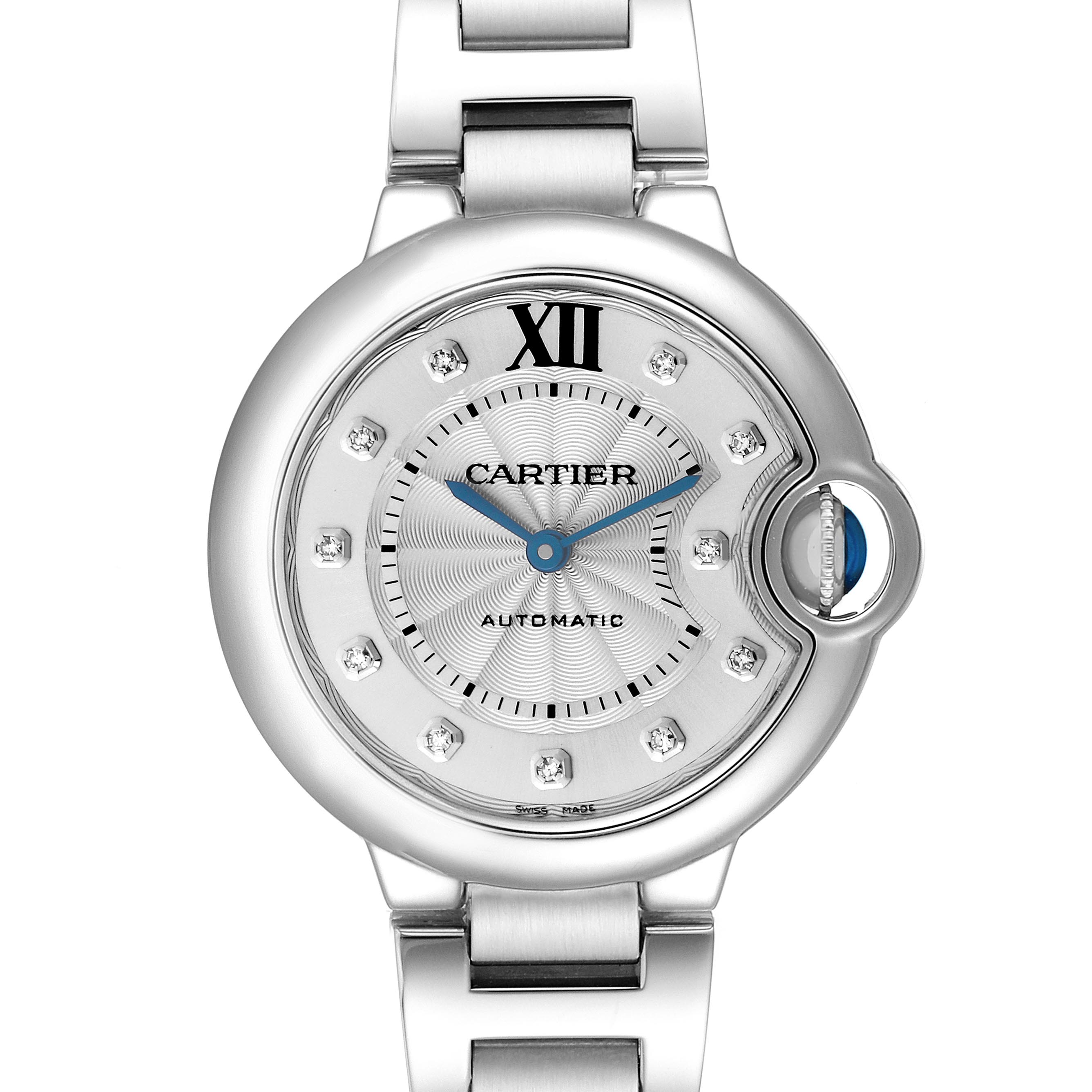 The Cartier Ballon Bleu WE902074 Women
s Stainless Steel Silver Dial WE902074 Women
s Stainless Steel Silver Dial watch is shown from a top-down angle, highlighting the face, crown, and part of the bracelet.