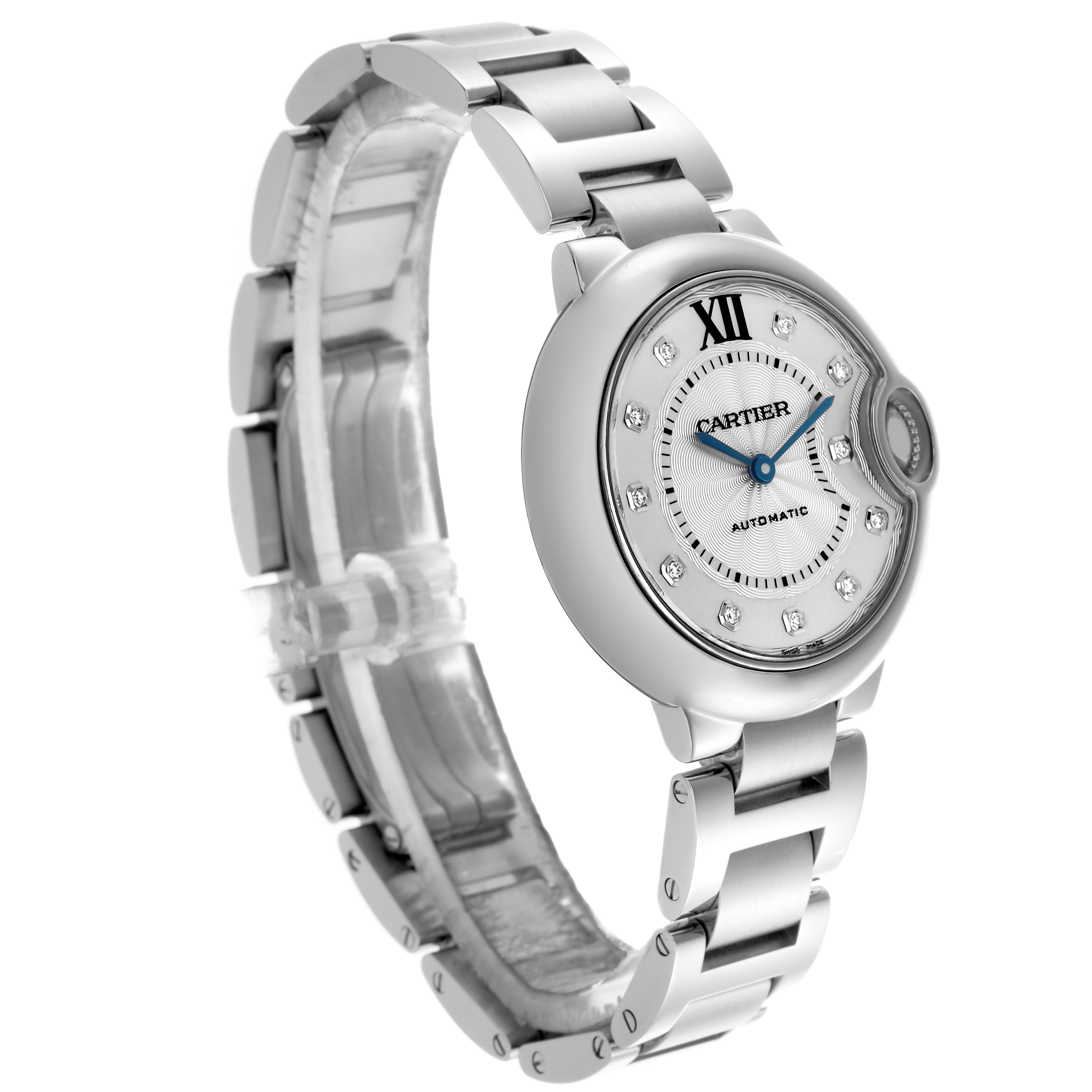 The Cartier Ballon Bleu WE902074 Women
s Stainless Steel Silver Dial WE902074 Women
s Stainless Steel Silver Dial watch is shown at a three-quarter angle, highlighting the face, side profile, and bracelet.