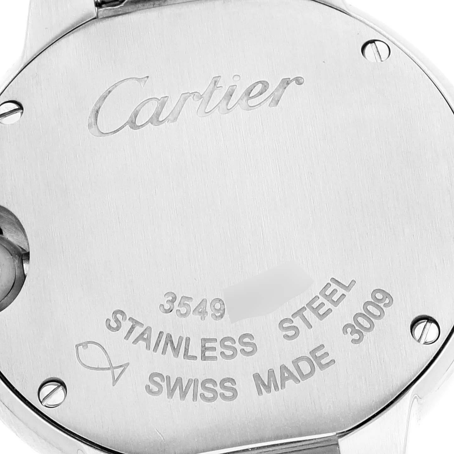 This image shows the stainless steel case back of a Ballon Bleu model watch by Cartier.