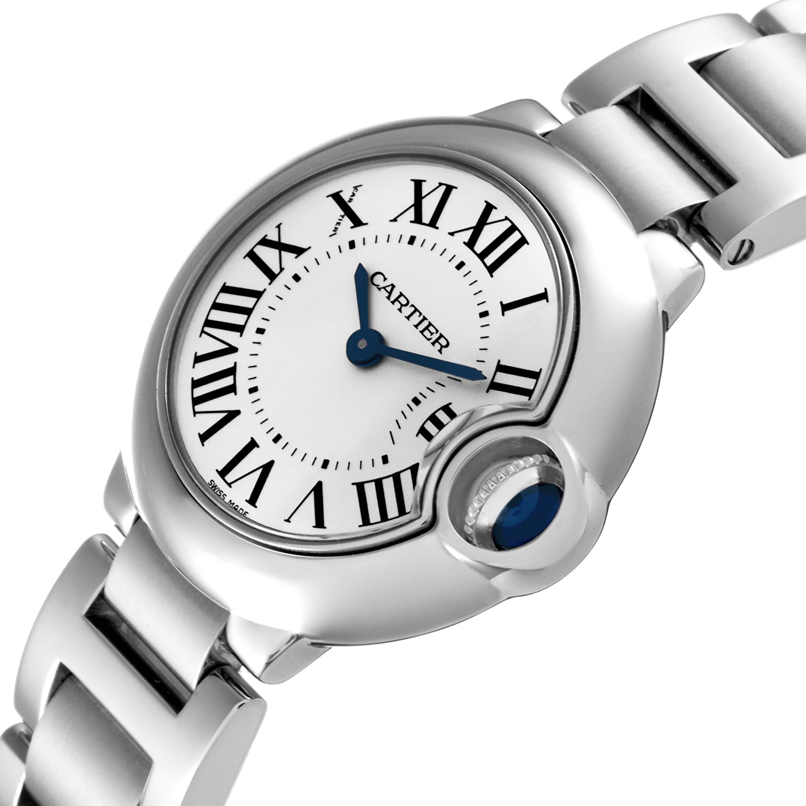 The image shows a close-up view of the Cartier Ballon Bleu W69010Z4 Women's Stainless Steel Silver Dial W69010Z4 Women's Stainless Steel Silver Dial watch face and part of the metal bracelet from an angled perspective.