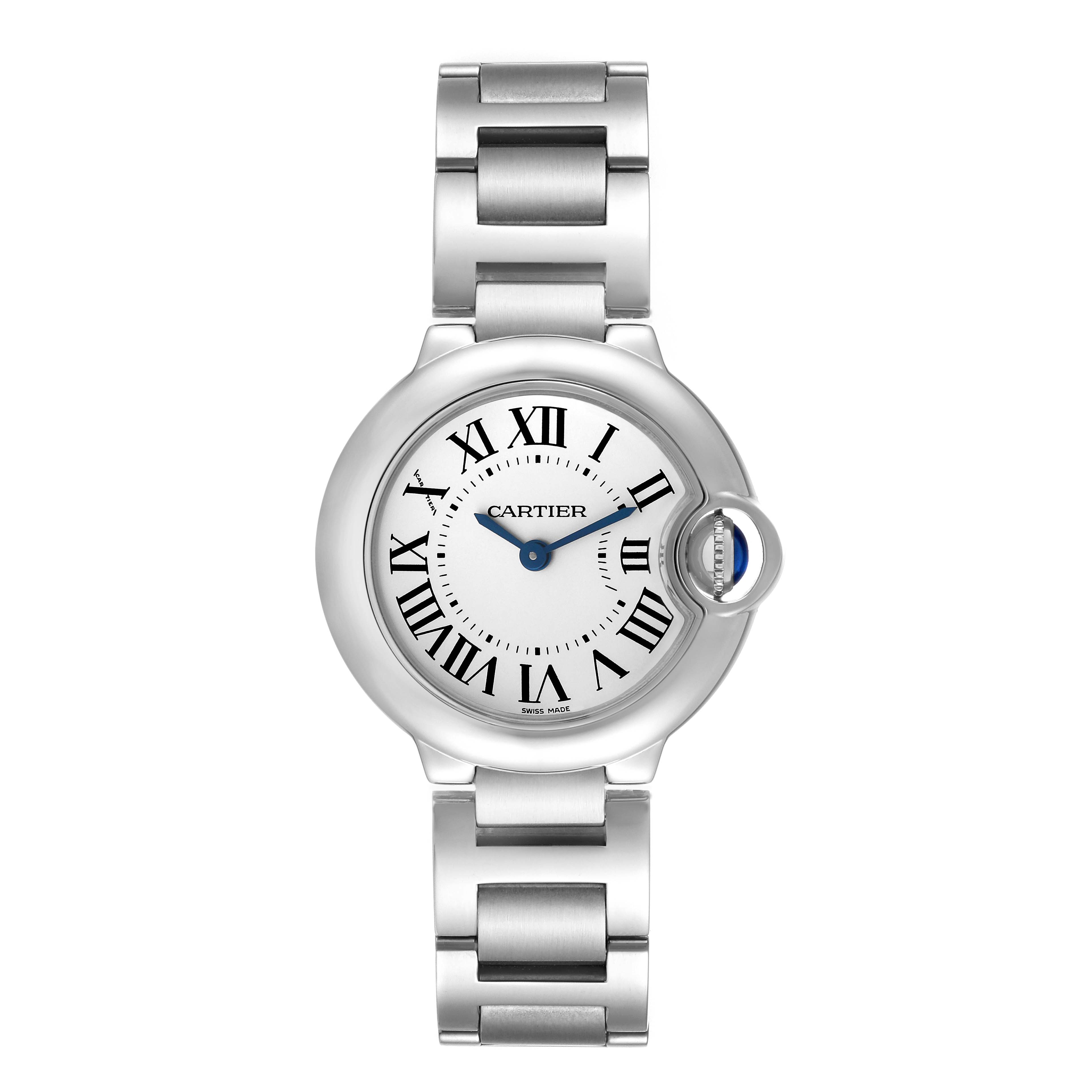 The image shows a front view of the Cartier Ballon Bleu W69010Z4 Women's Stainless Steel Silver Dial W69010Z4 Women's Stainless Steel Silver Dial watch, displaying its face, Roman numerals, and metal bracelet.