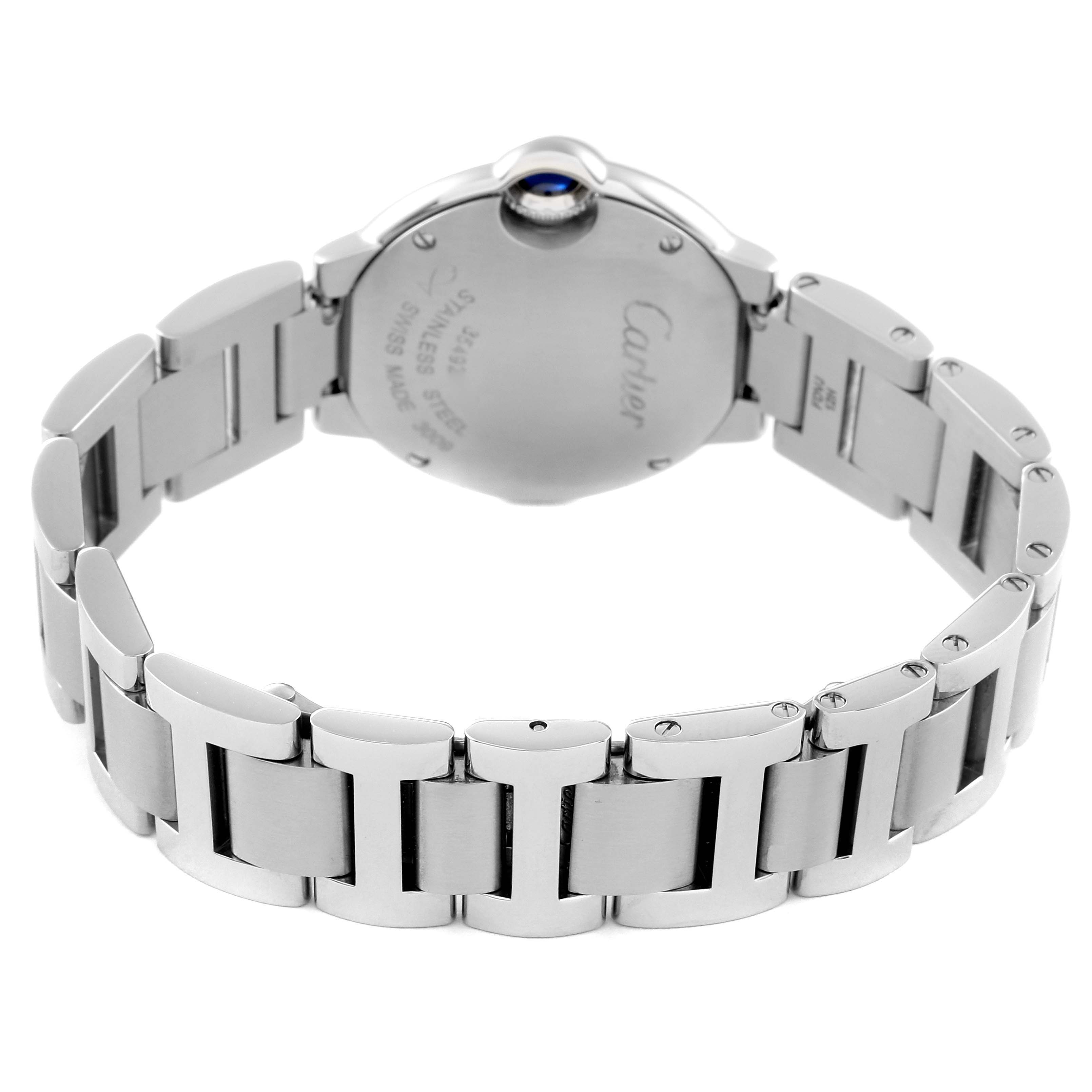 The image shows the back and bracelet of a Cartier Ballon Bleu W69010Z4 Women's Stainless Steel Silver Dial W69010Z4 Women's Stainless Steel Silver Dial watch from a rear angle.