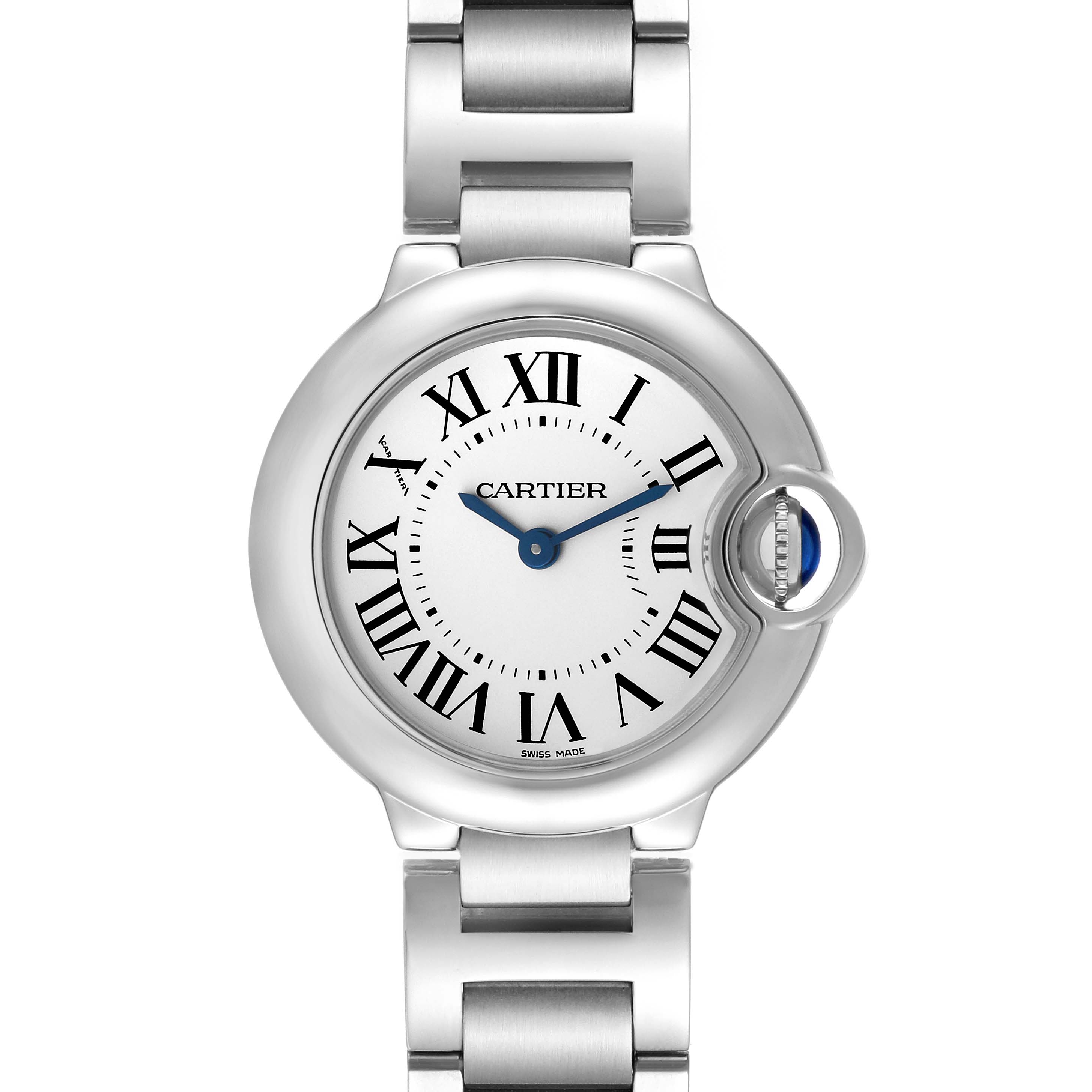The image shows a Ballon Bleu de Cartier watch from a front-facing angle, displaying the dial, Roman numerals, and part of the bracelet.
