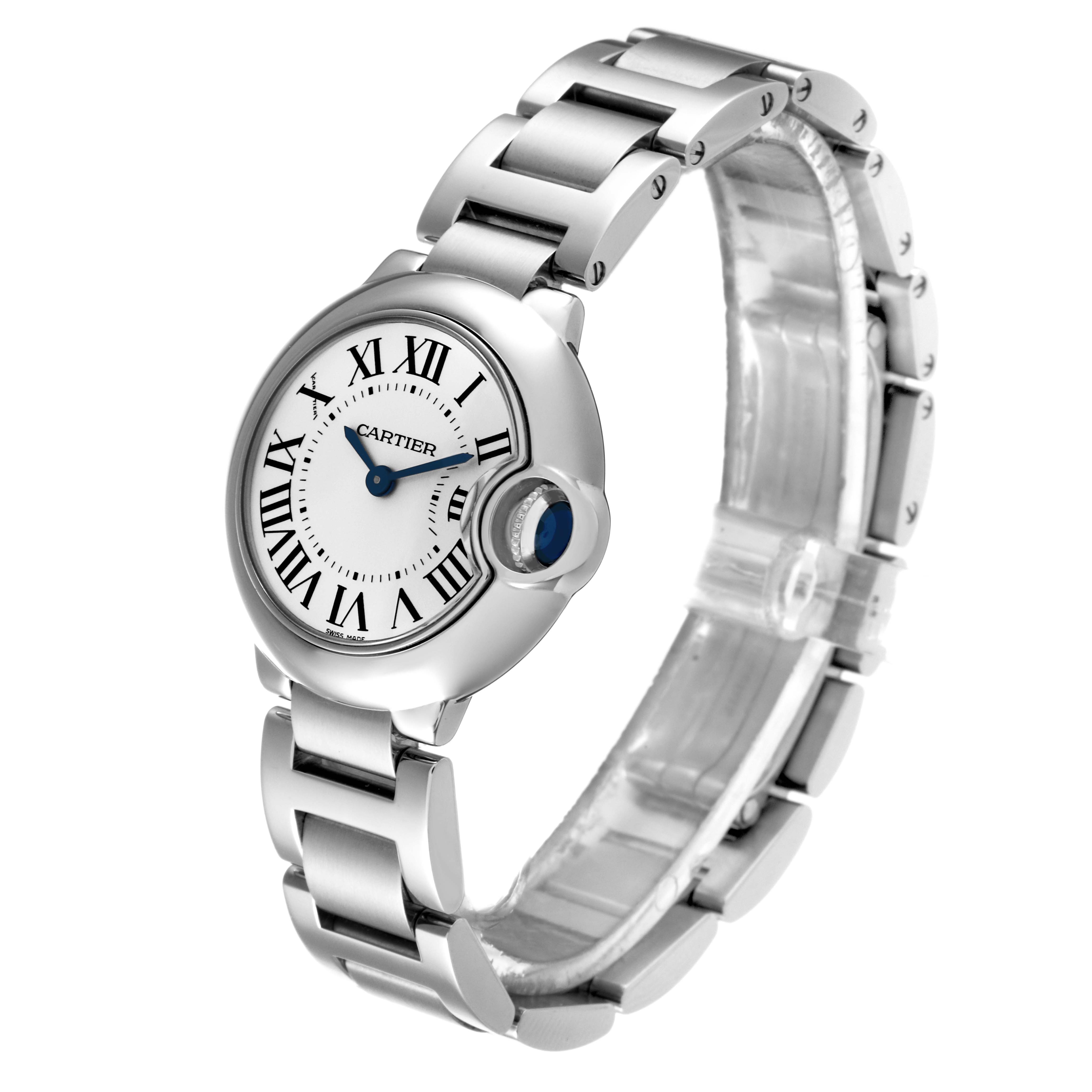The image shows a Cartier Ballon Bleu W69010Z4 Women's Stainless Steel Silver Dial W69010Z4 Women's Stainless Steel Silver Dial watch from a front angle, displaying the face, case, and bracelet.