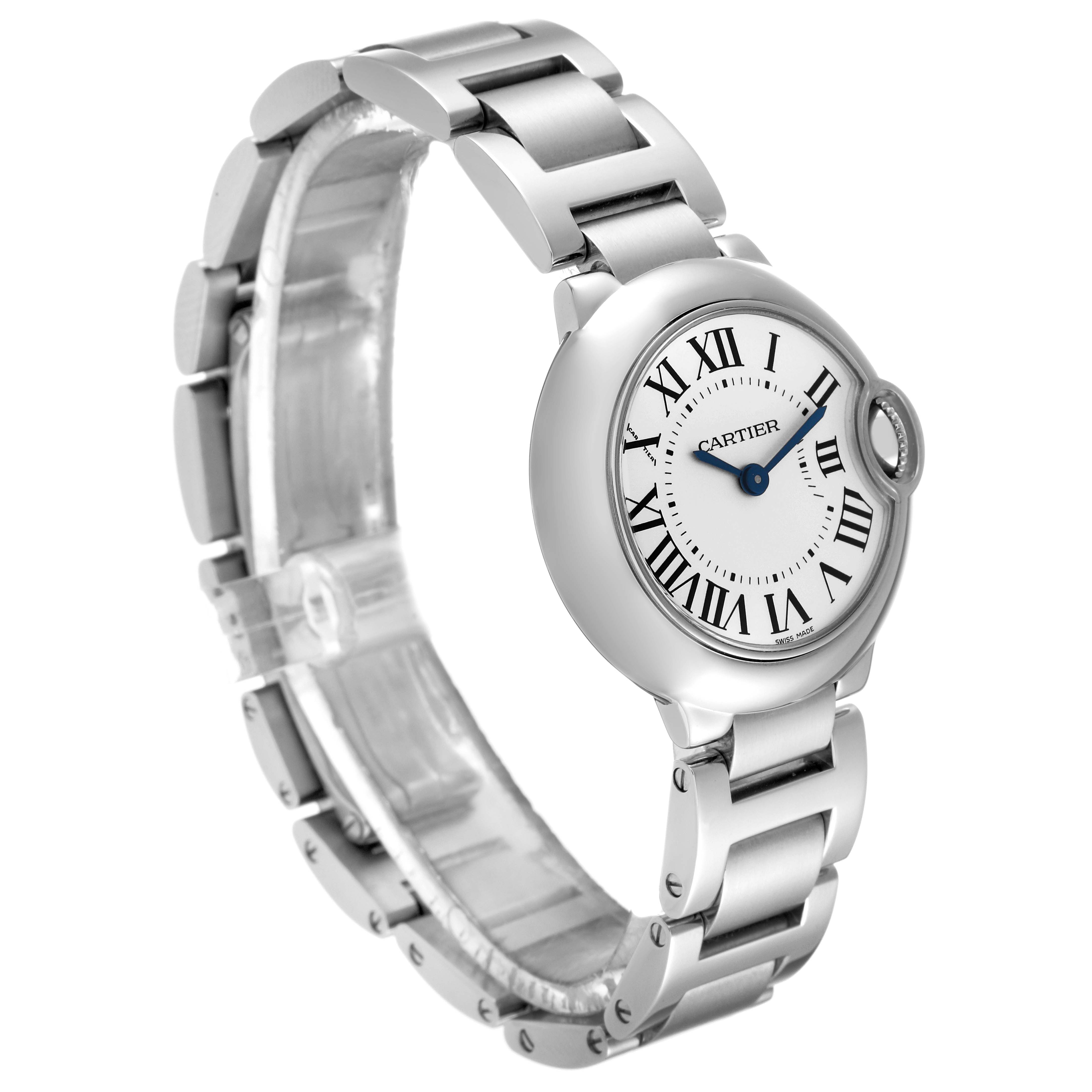 The image shows a Cartier Ballon Bleu W69010Z4 Women's Stainless Steel Silver Dial W69010Z4 Women's Stainless Steel Silver Dial watch, angled to display the face, bracelet, and crown.