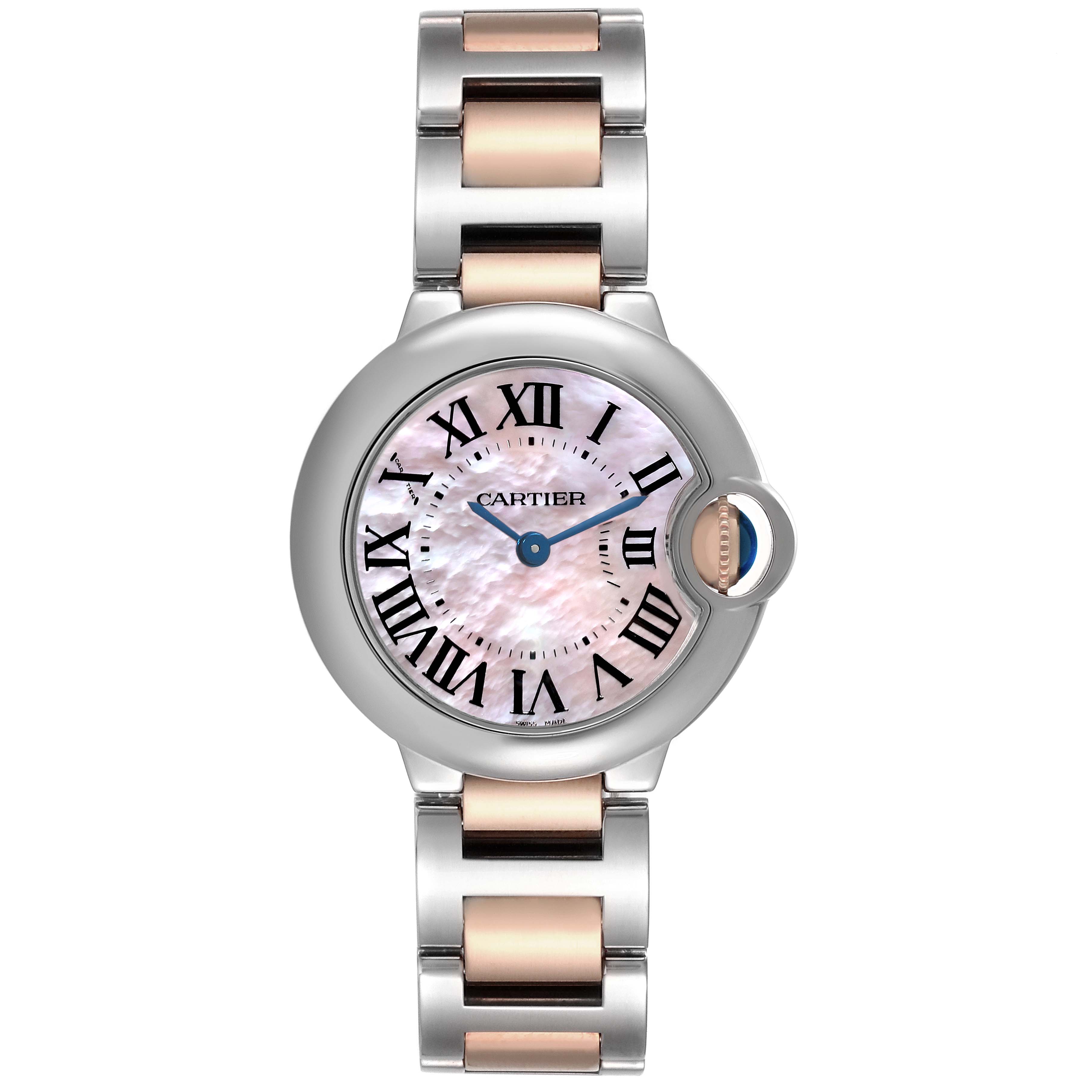 This image shows a front view of the Cartier Ballon Bleu W6920034 Women's Steel and Gold (two tone) Mother of Pearl Dial W6920034 Women's Steel and Gold (two tone) Mother of Pearl Dial watch, highlighting its dial, Roman numerals, and metal bracelet.