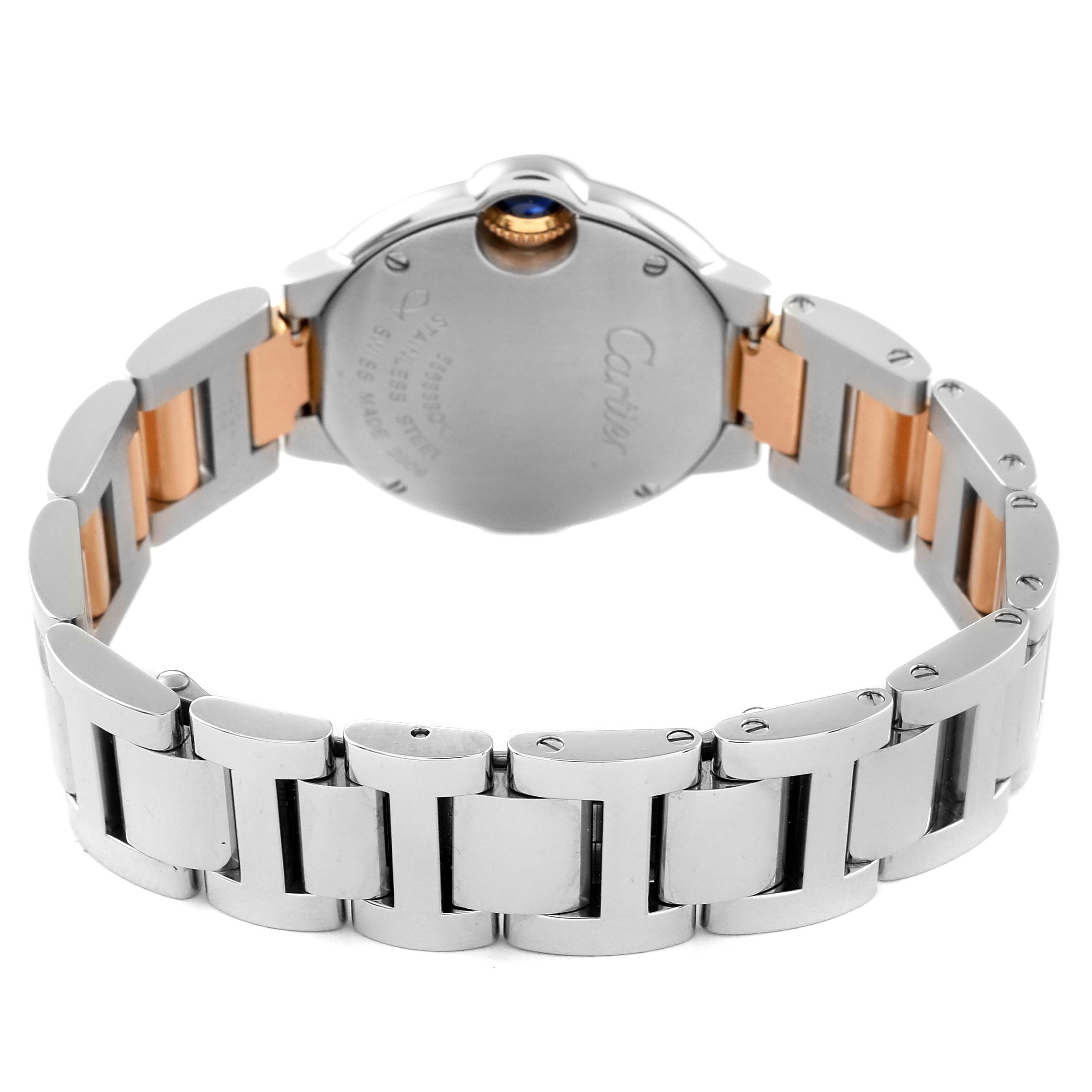 The image shows the back and bracelet of the Ballon Bleu model by Cartier from a rear angle.