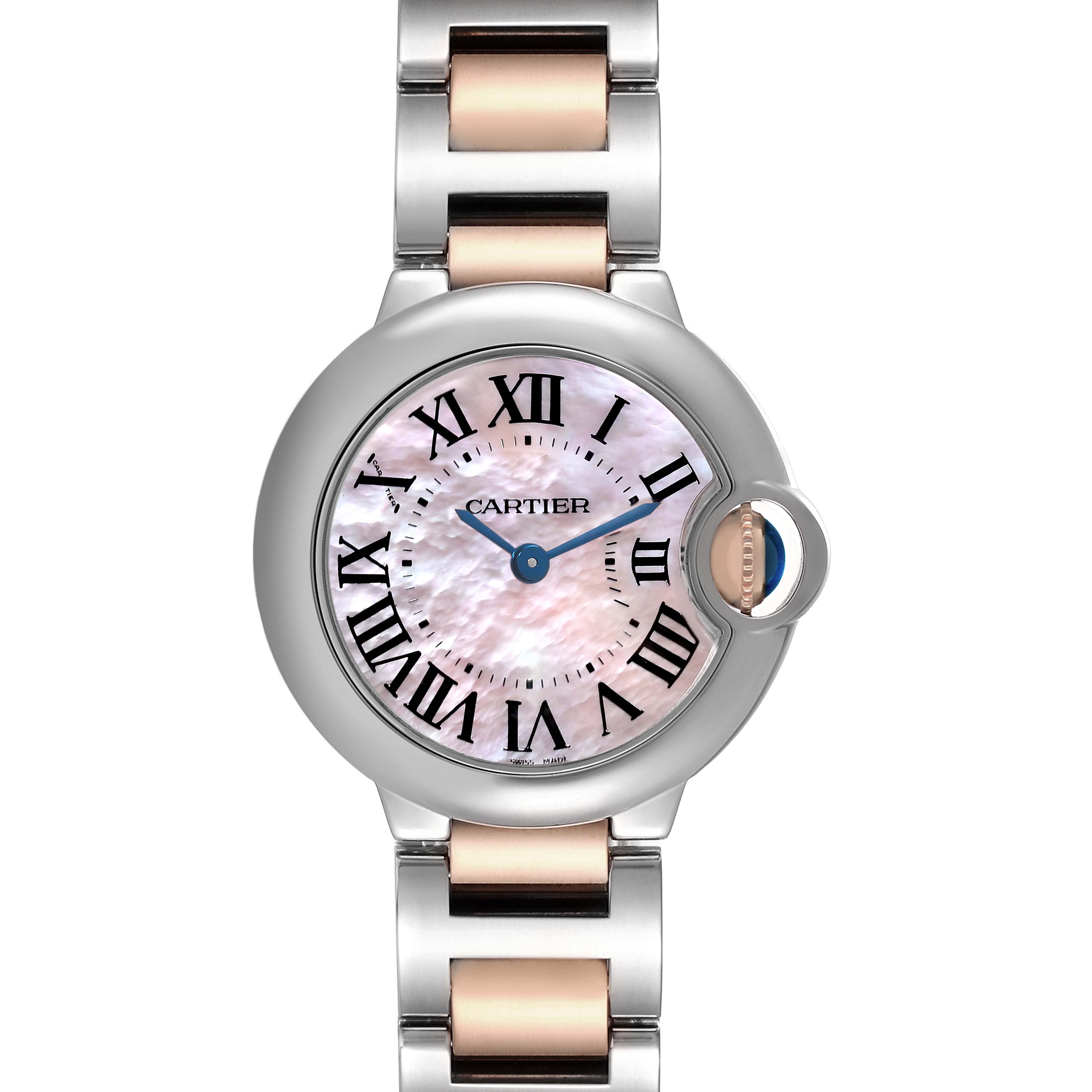 The image shows a front view of the Cartier Ballon Bleu W6920034 Women's Steel and Gold (two tone) Mother of Pearl Dial W6920034 Women's Steel and Gold (two tone) Mother of Pearl Dial watch, highlighting its round face, Roman numerals, and metal bracelet.