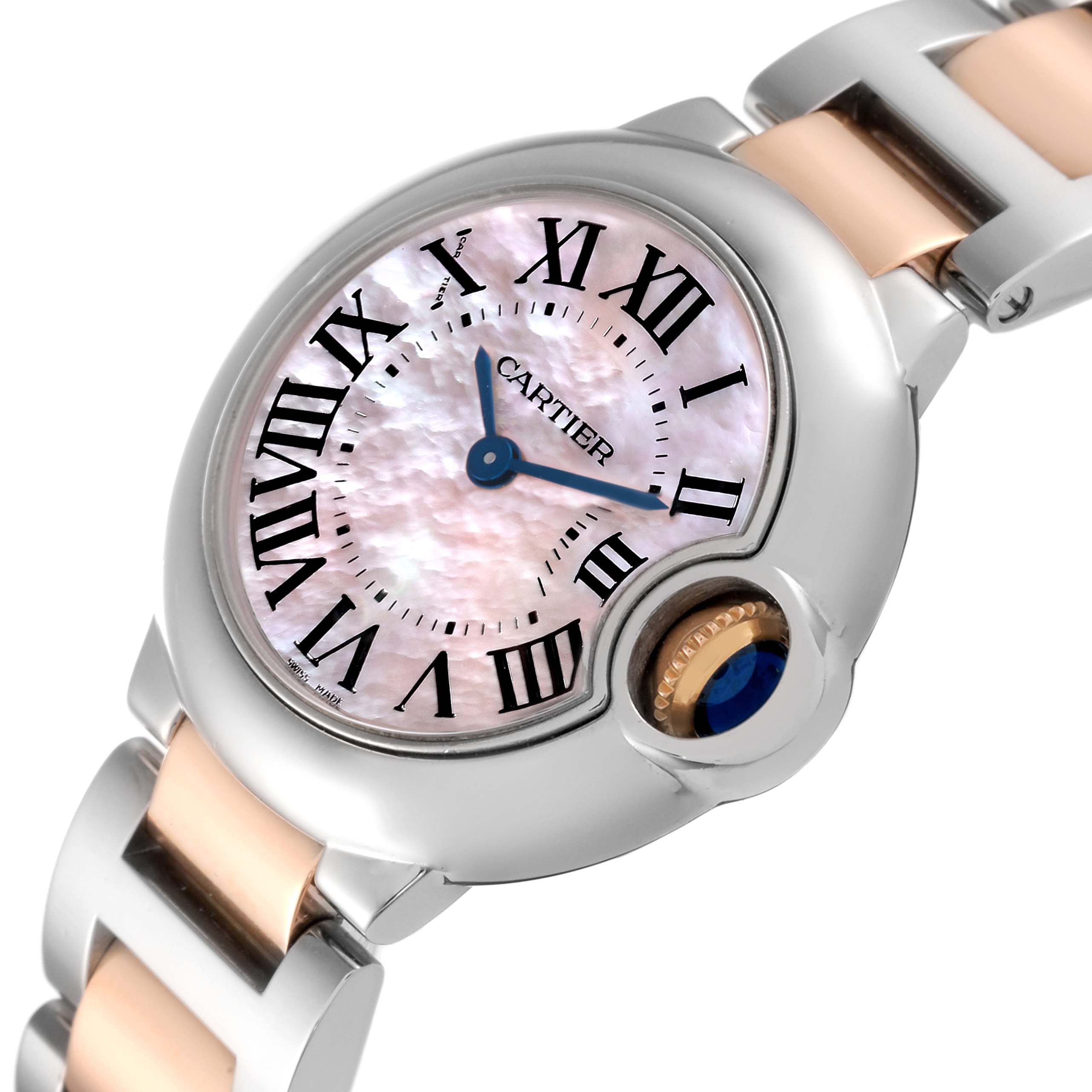 The image shows a close-up view of the Cartier Ballon Bleu W6920034 Women's Steel and Gold (two tone) Mother of Pearl Dial W6920034 Women's Steel and Gold (two tone) Mother of Pearl Dial watch, highlighting its face and part of its bracelet.