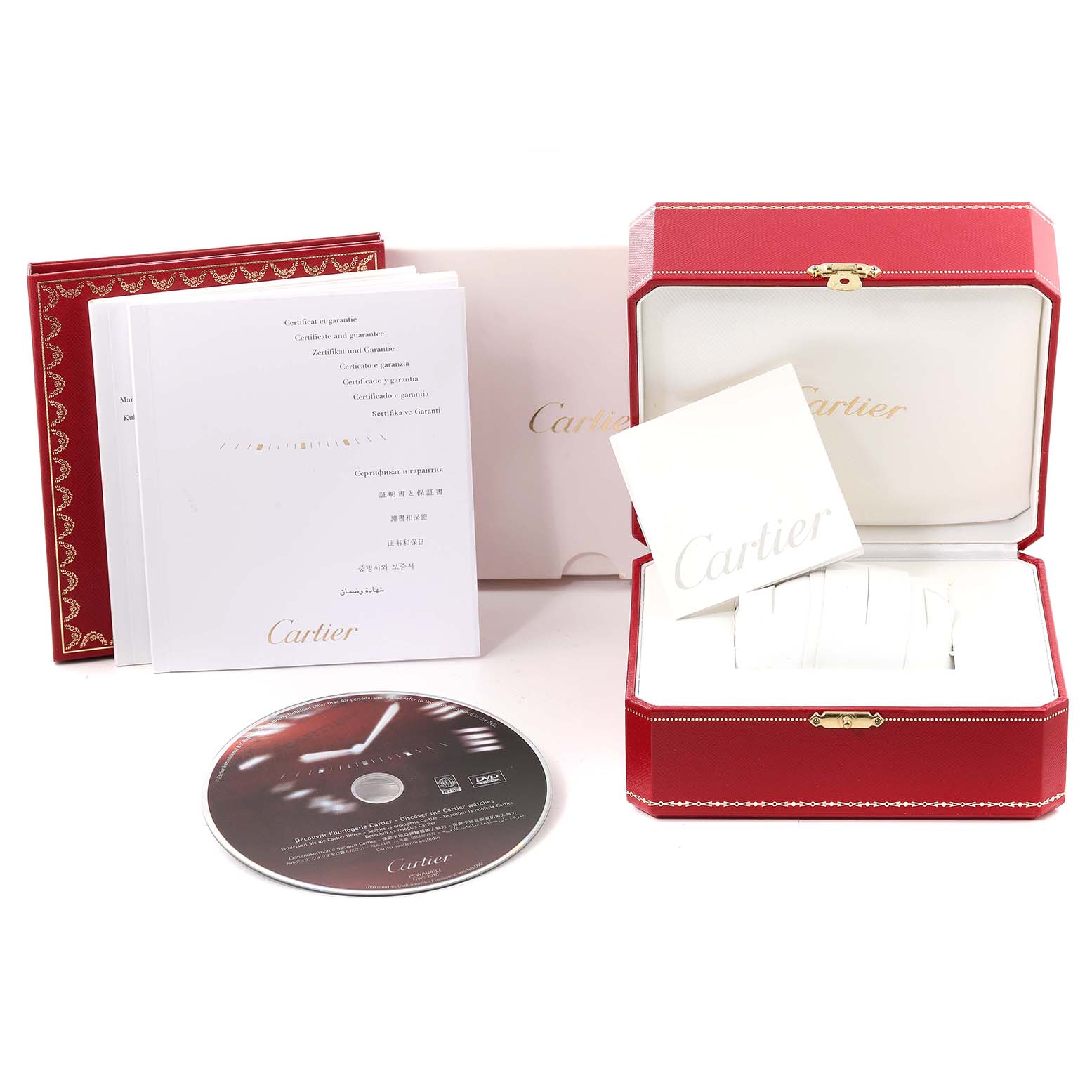 The image displays the packaging and accessories for the Ballon Bleu model by Cartier, including the box, warranty cards, and a DVD.