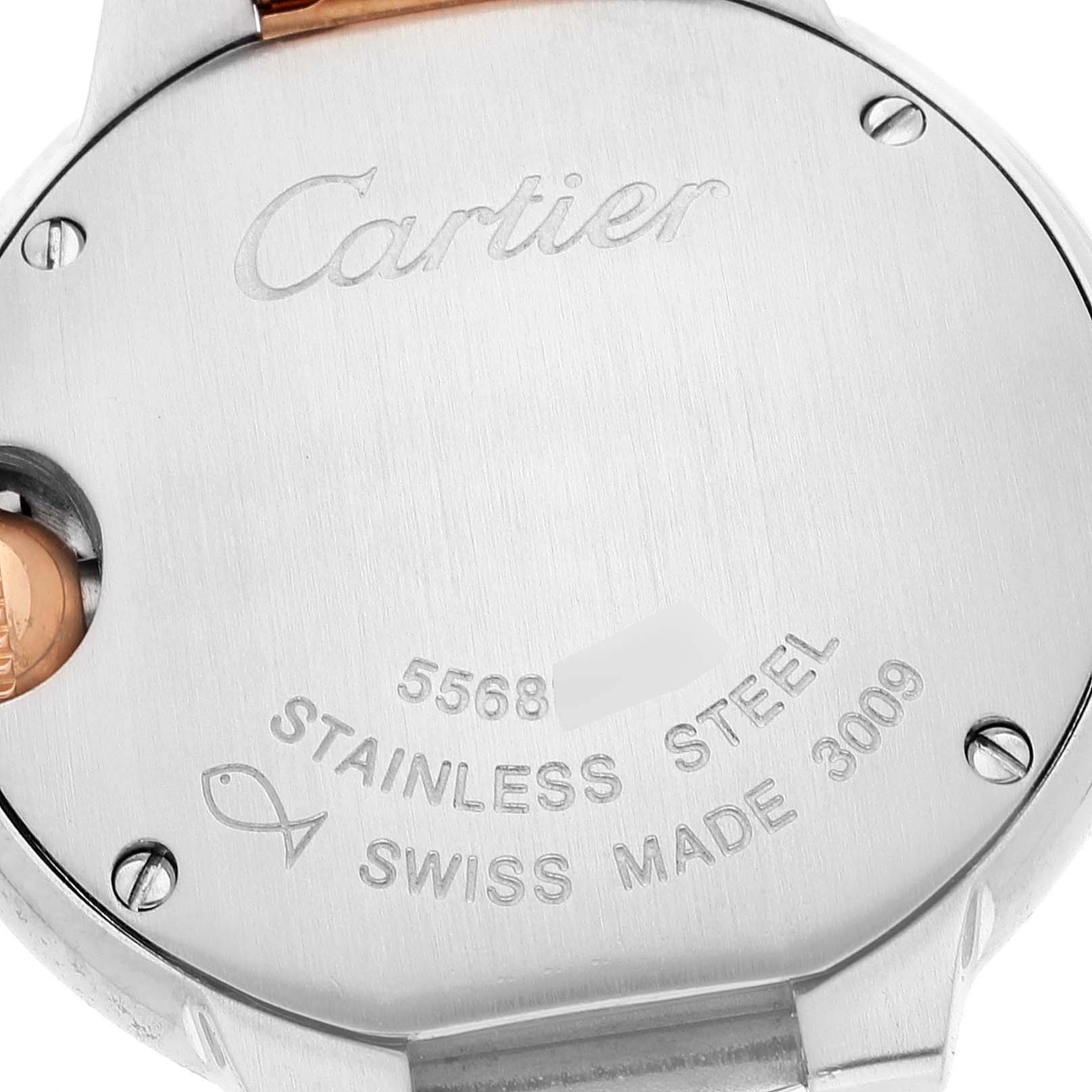 This image shows the back of a Cartier Ballon Bleu W6920034 Women's Steel and Gold (two tone) Mother of Pearl Dial W6920034 Women's Steel and Gold (two tone) Mother of Pearl Dial watch, highlighting its stainless steel material and engravings.