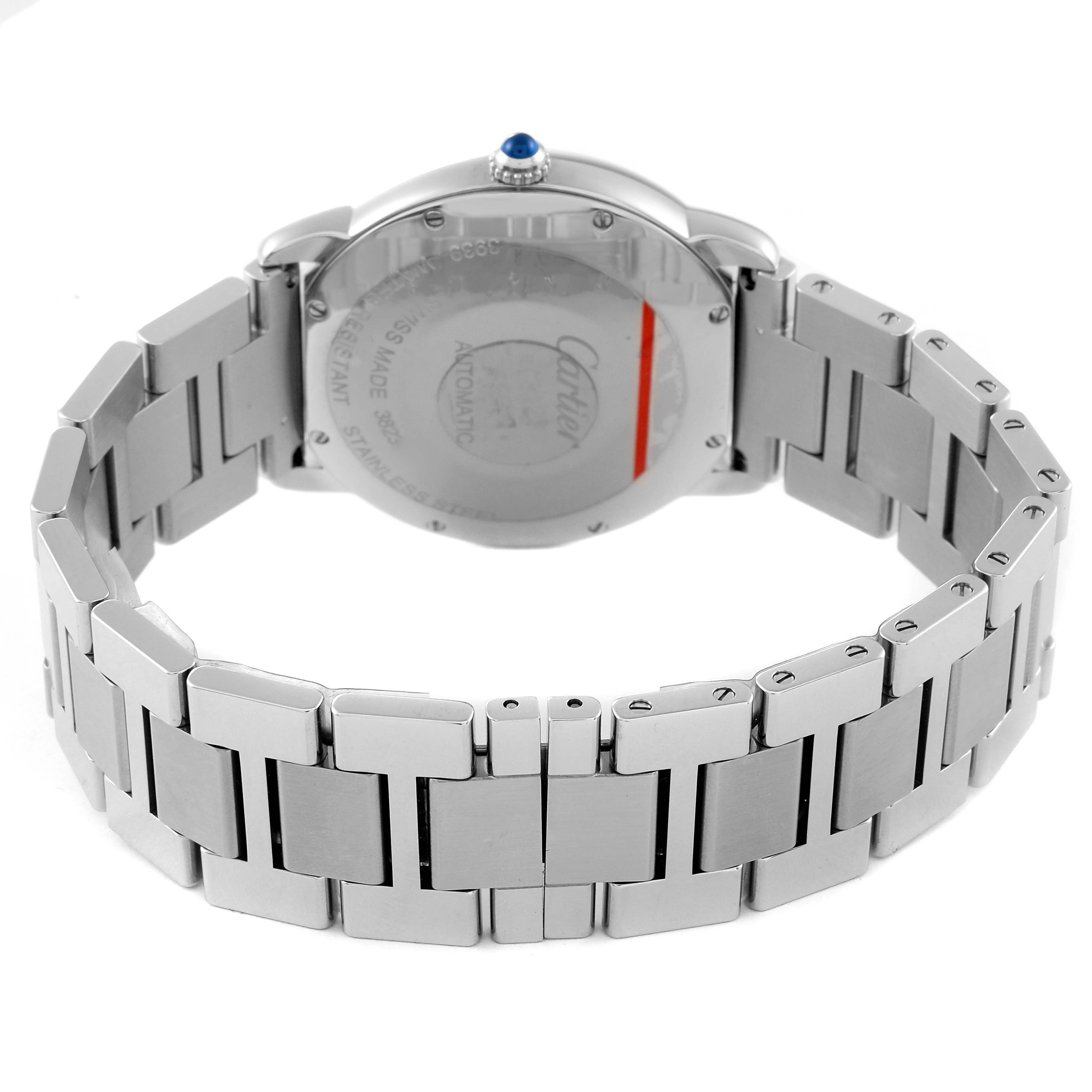 The image shows the back view of a Cartier Ronde WSRN0012 Men
s Stainless Steel Silver Dial WSRN0012 Men
s Stainless Steel Silver Dial watch, highlighting its metal bracelet and caseback.
