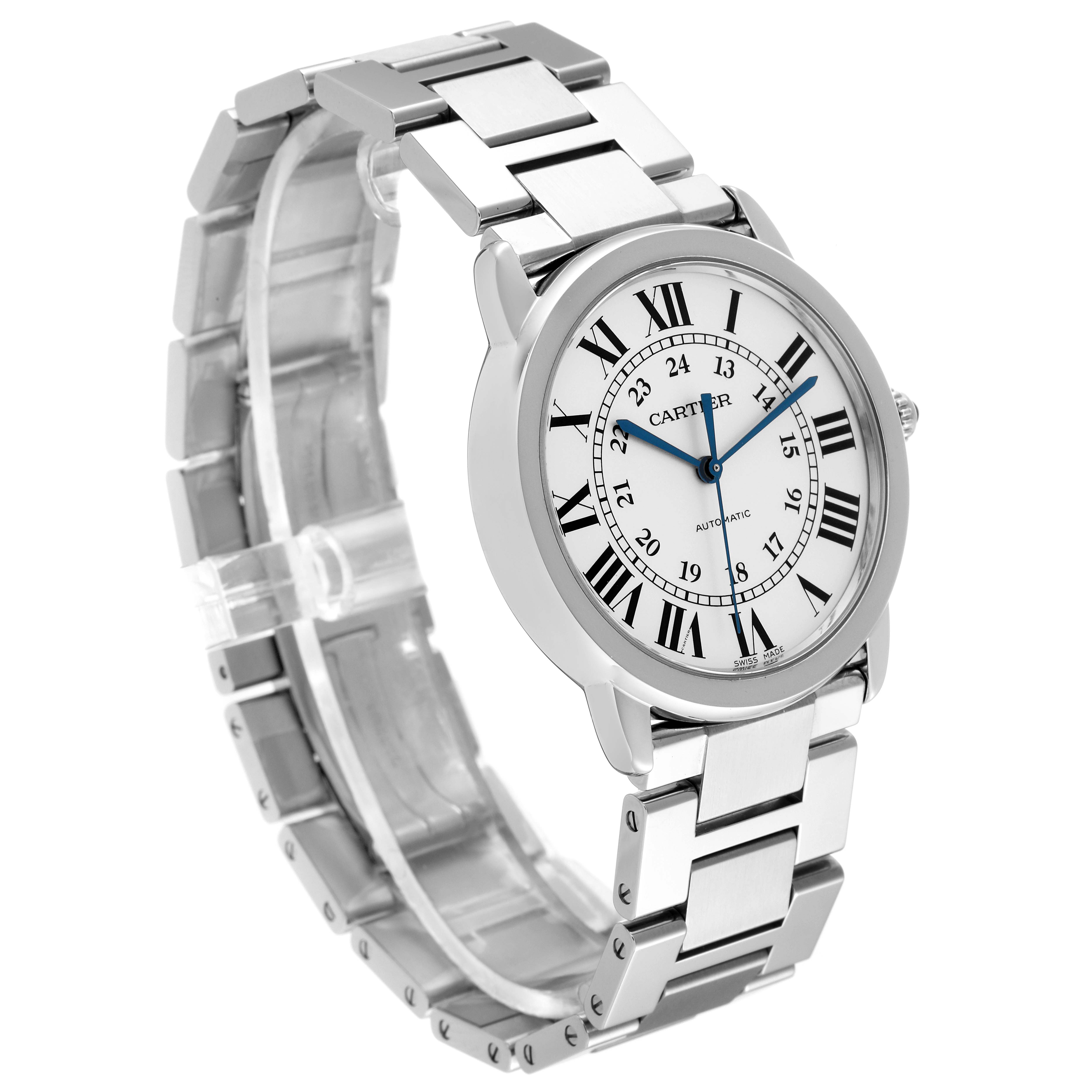 The image shows a Cartier Ronde WSRN0012 Men
s Stainless Steel Silver Dial WSRN0012 Men
s Stainless Steel Silver Dial model watch from a front angle, highlighting the dial and metal bracelet.