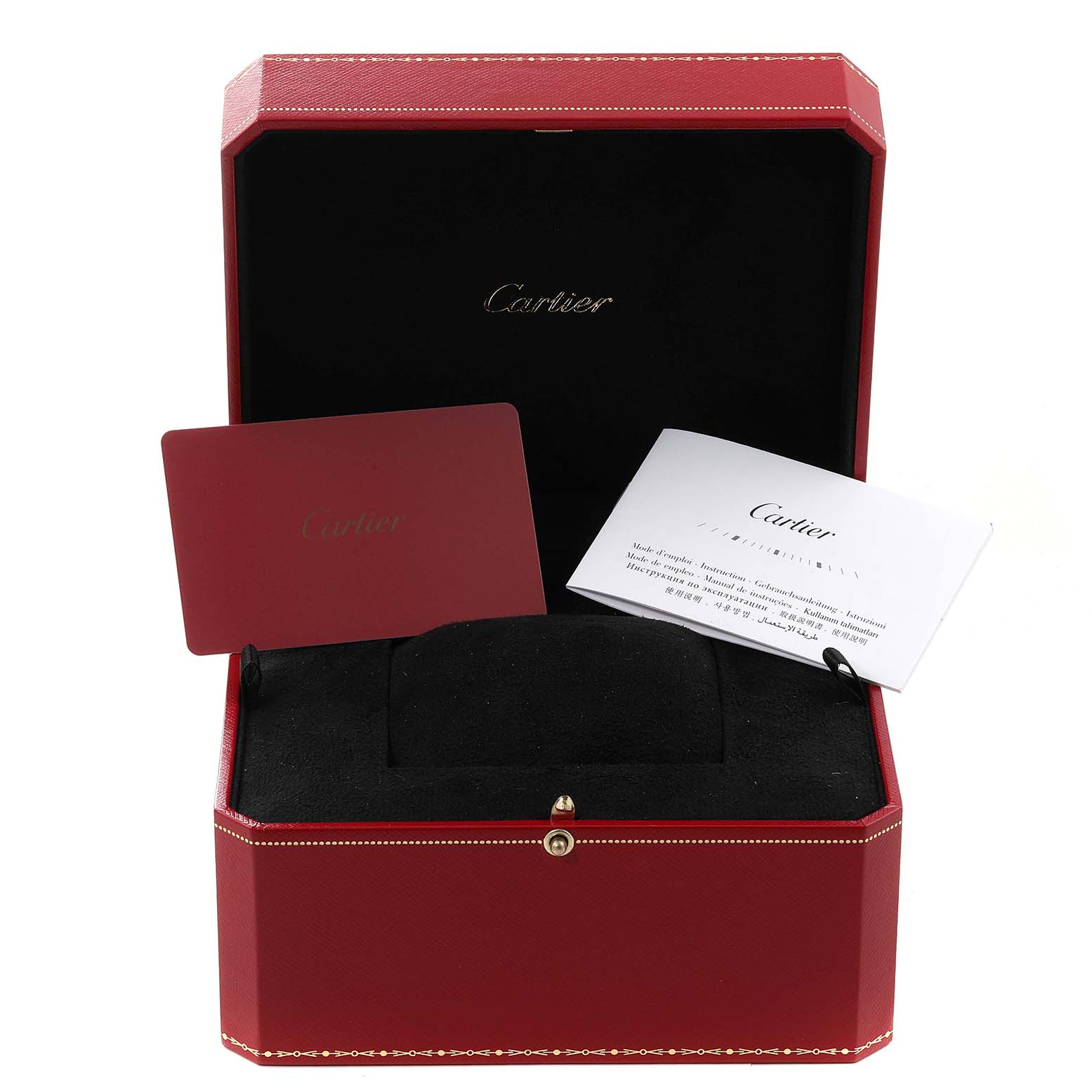 This image shows an open red box for the Cartier Ronde WSRN0012 Men
s Stainless Steel Silver Dial WSRN0012 Men
s Stainless Steel Silver Dial watch, with paperwork and a cushion inside.
